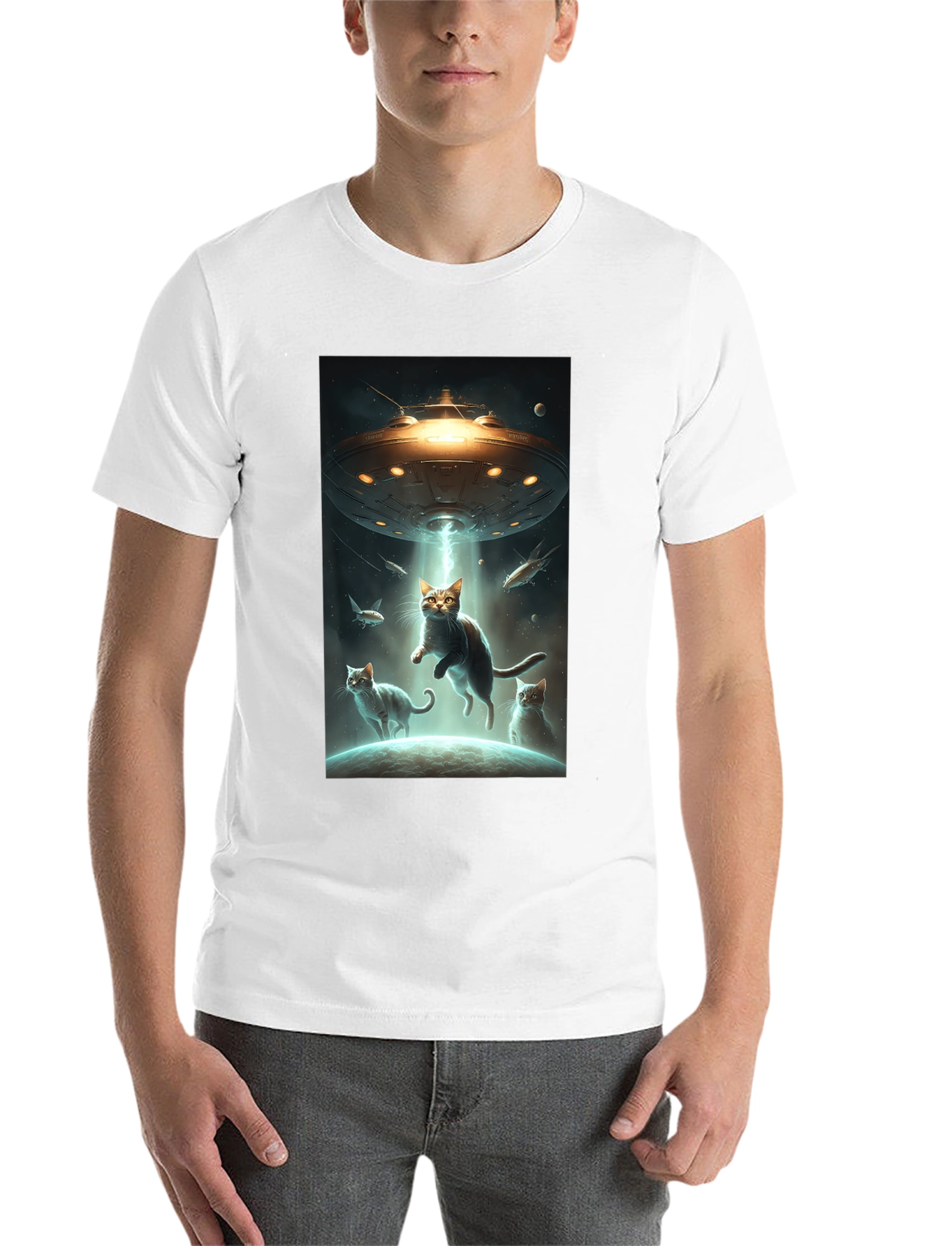 Black Alien Cat Abduction T-Shirt view 14