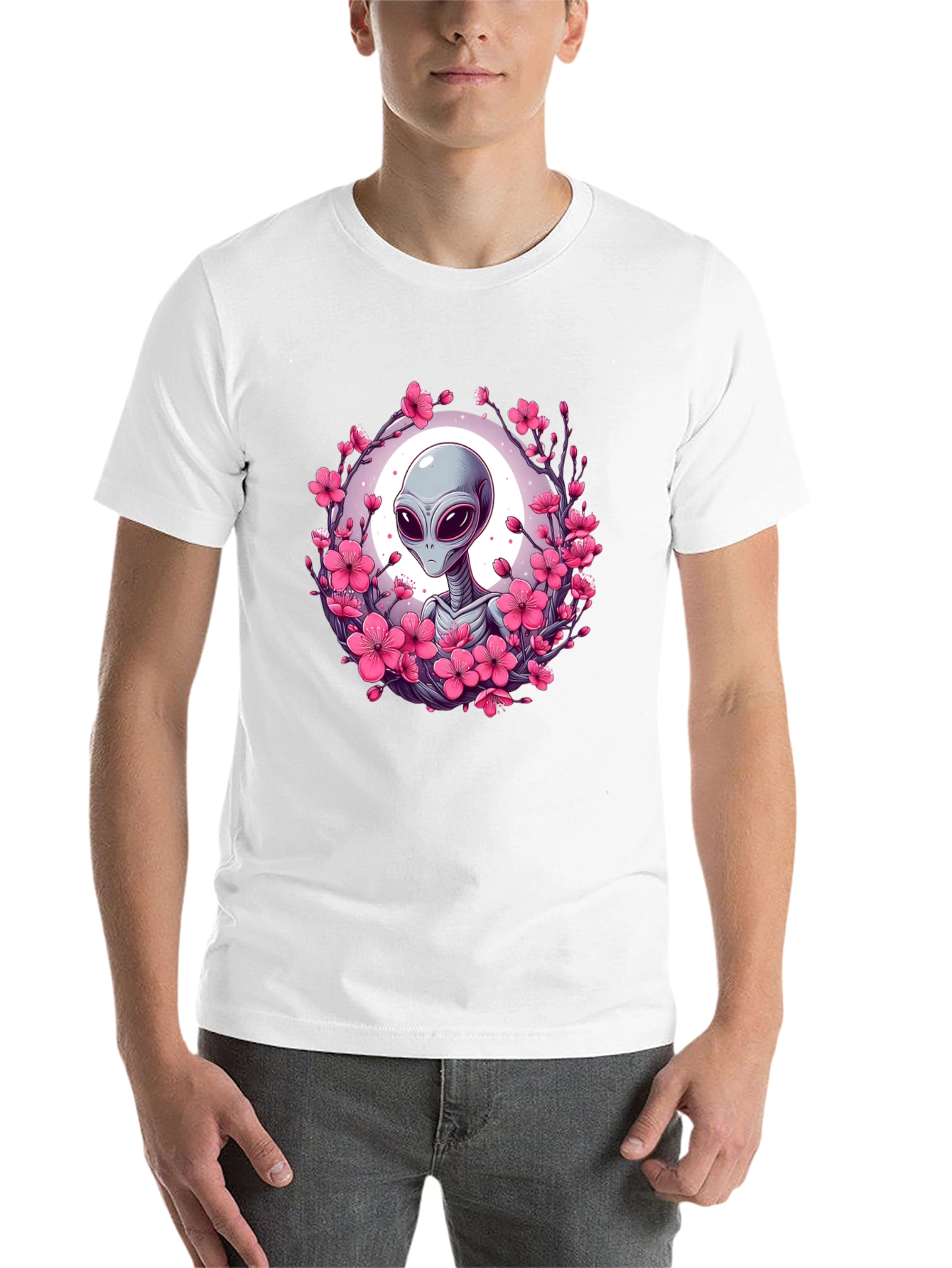 Black Alien in Cherry Blossoms Graphic Tee - Black view 14