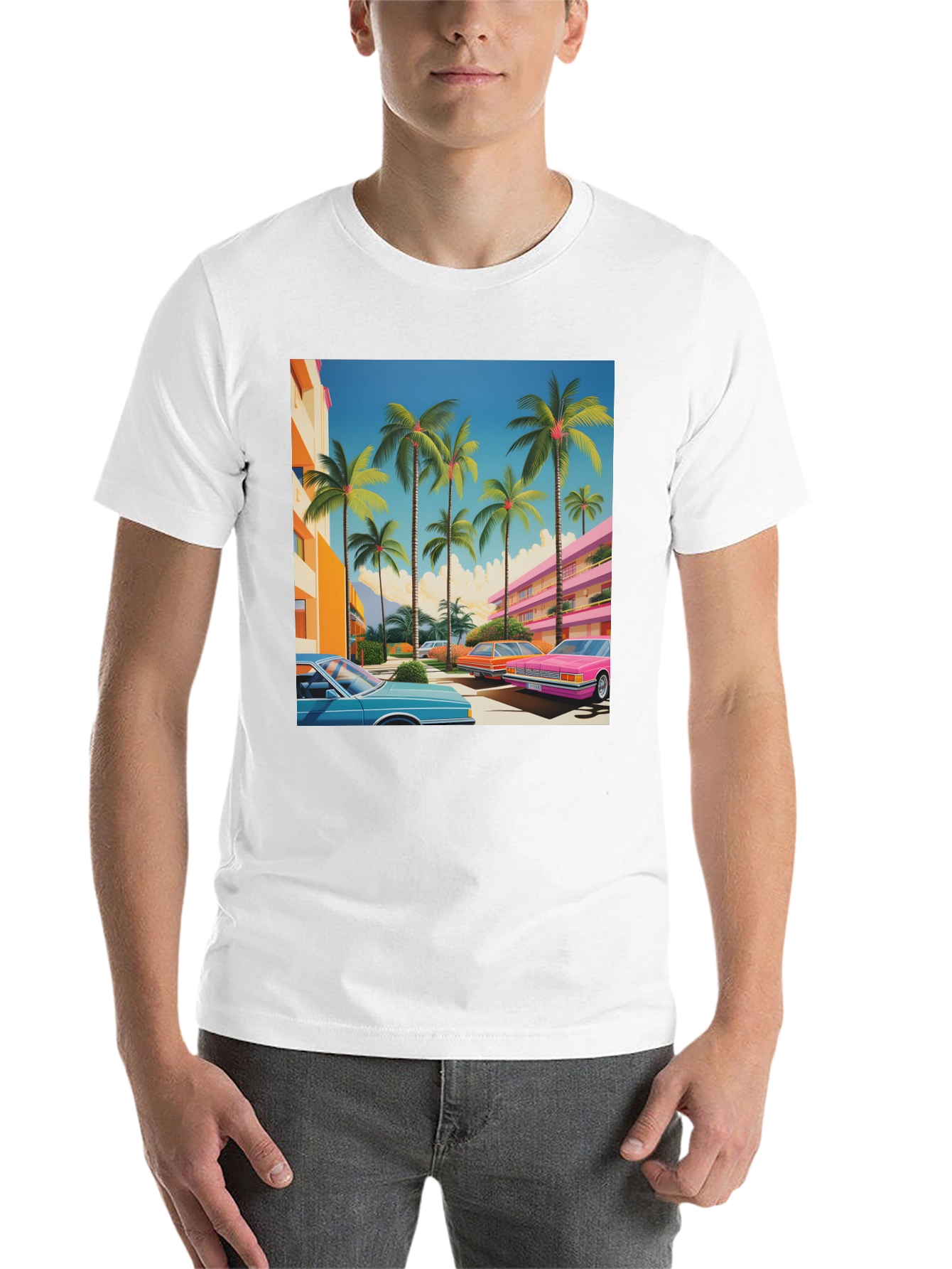 Black Retro Miami Palm Tree Cars T-Shirt view 14