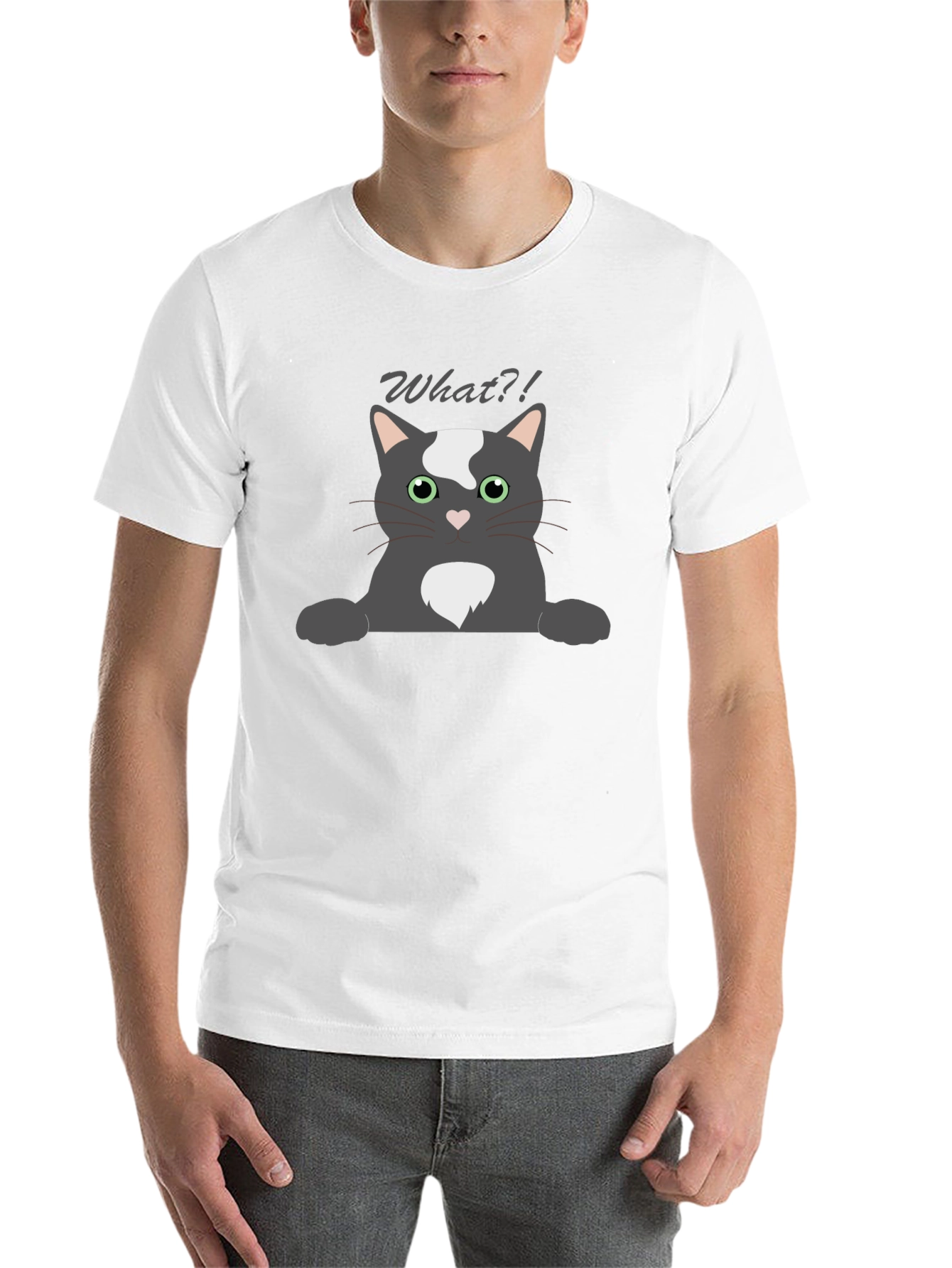 Black Funny "What?!" Cat Graphic T-Shirt view 14