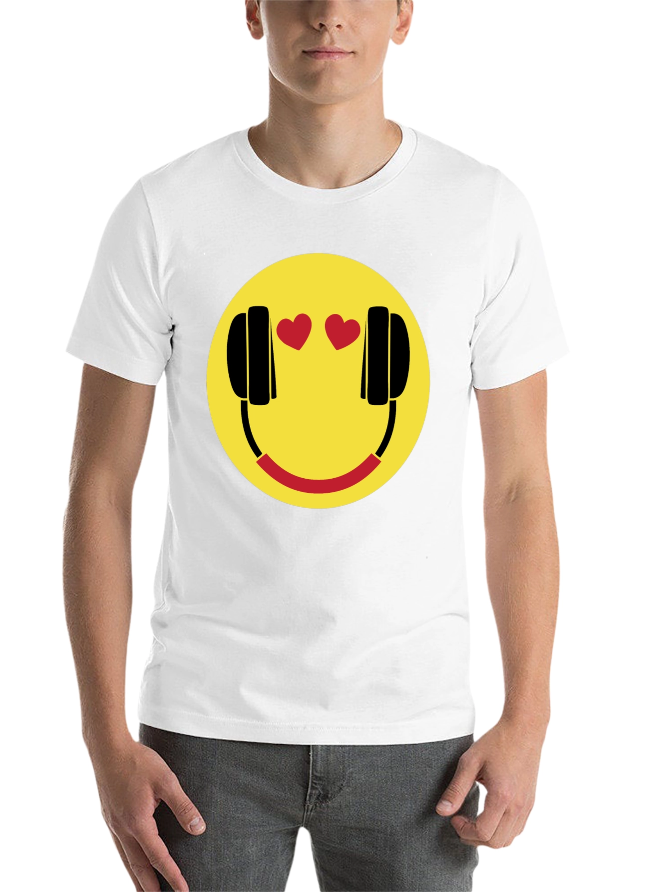 Black Smiley Face with Headphone Hearts T-Shirt view 14