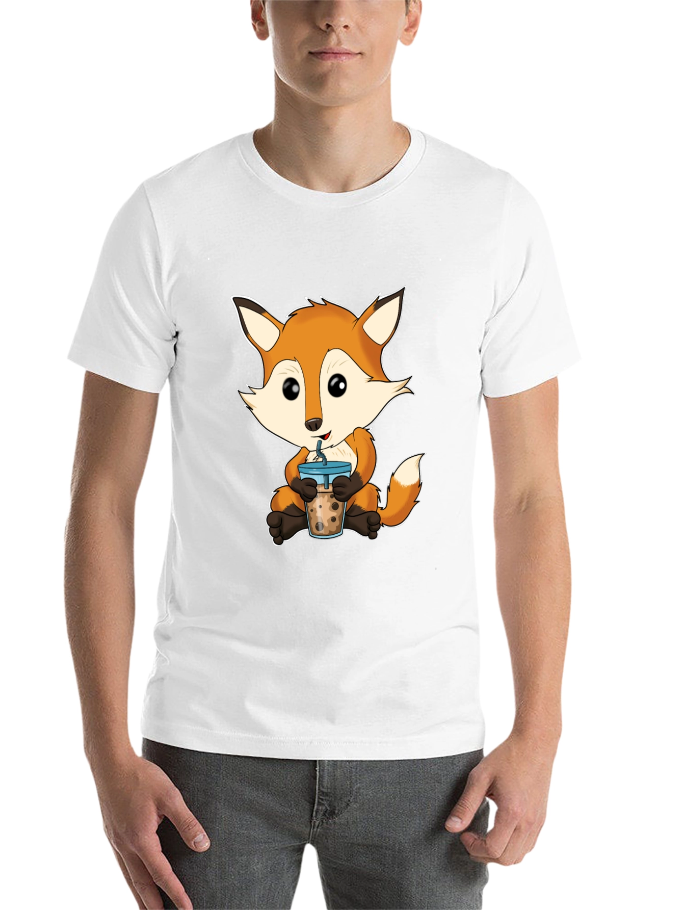 Black Cute Fox Boba Tea Graphic T-Shirt view 14