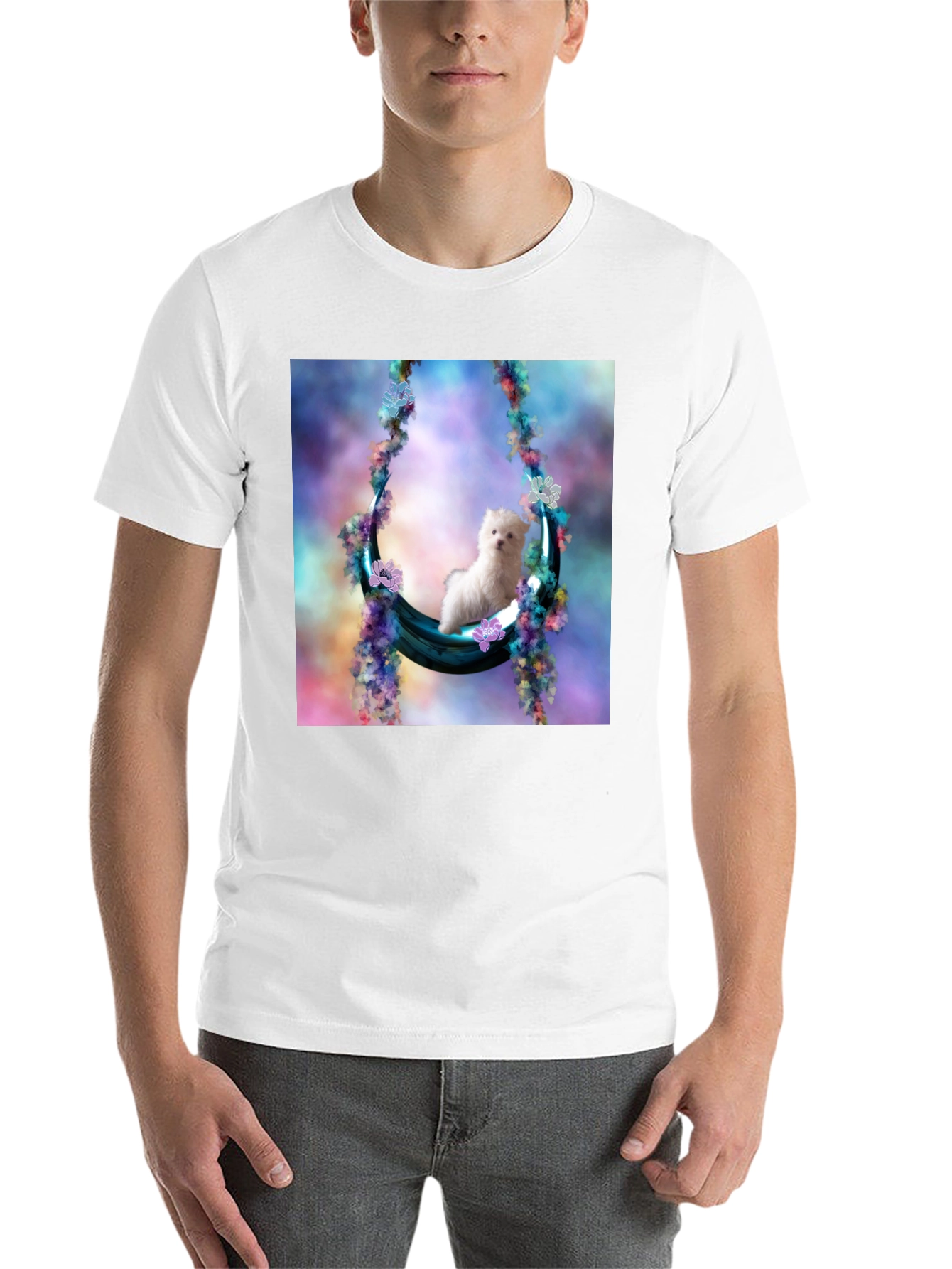 Black Cute Puppy in Floral Swing Black T-Shirt view 14