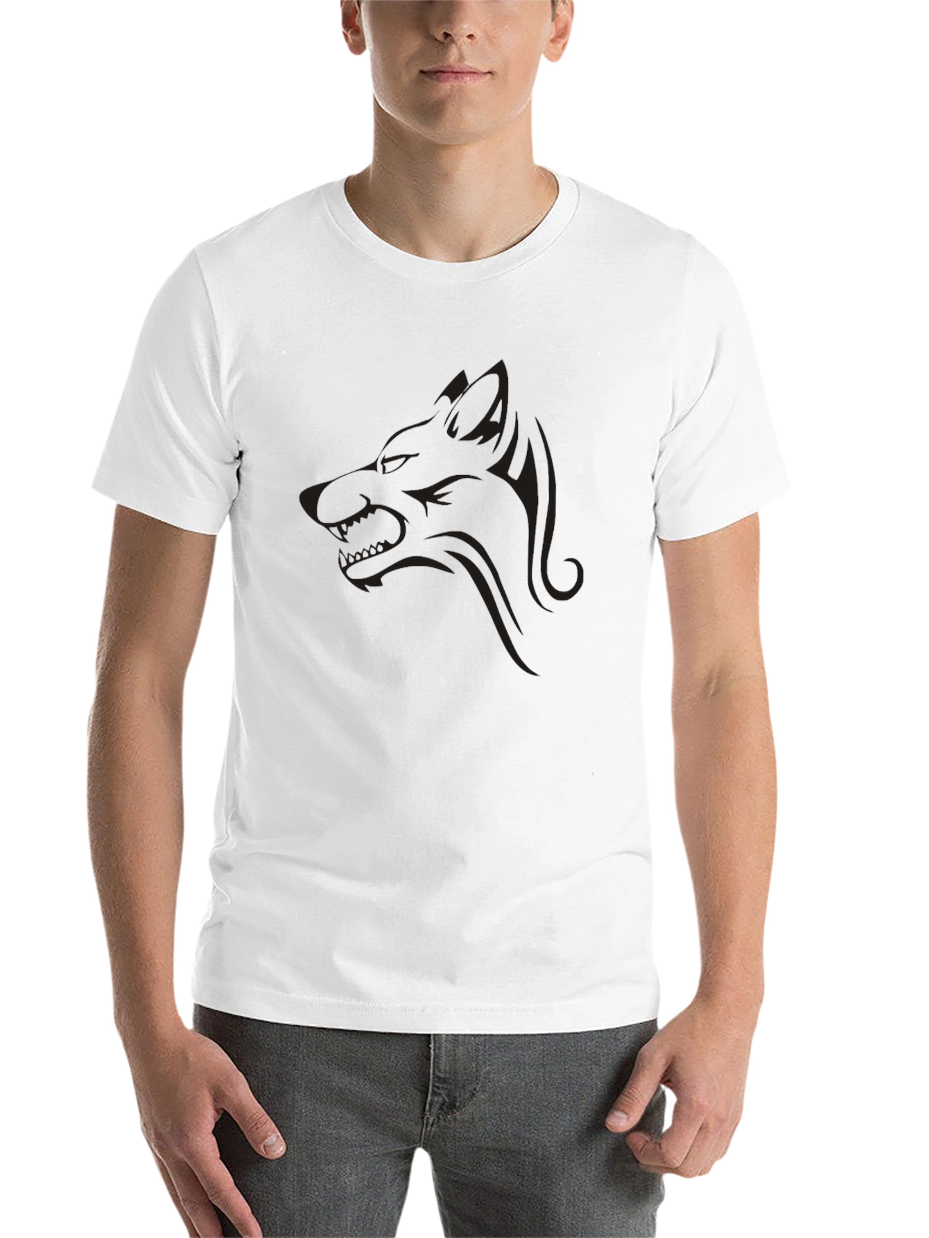 Black Men's Black Graphic Tee - Wolf Design view 14