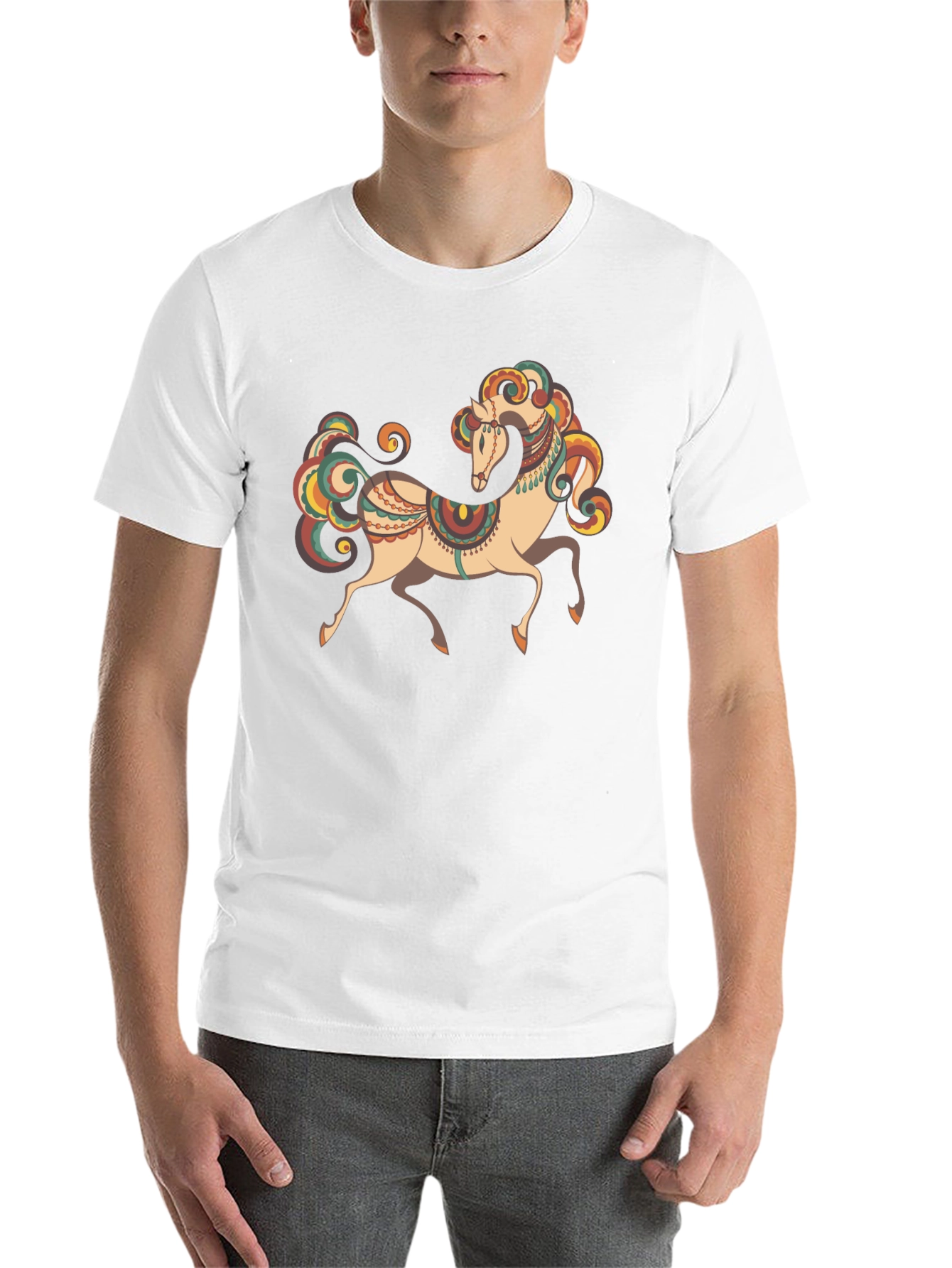 Black Men's Black T-Shirt with Horse Graphic view 14
