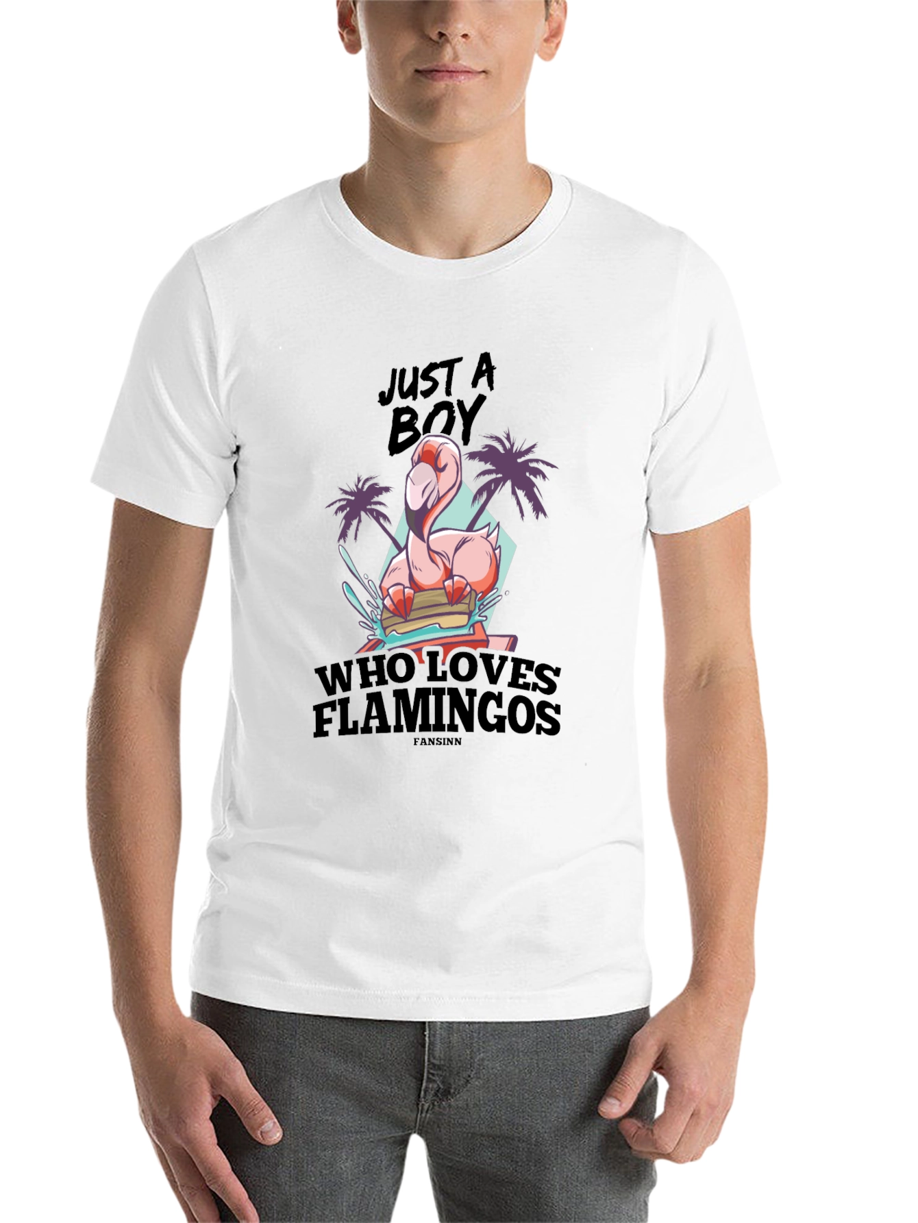 Black Just A Boy Who Loves Flamingos Black T-Shirt view 14