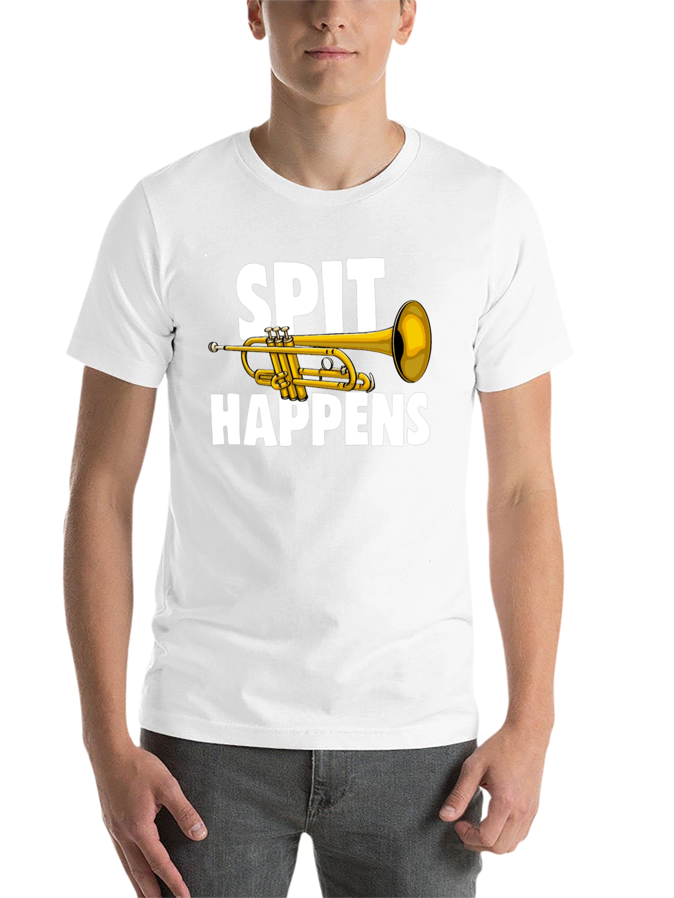 Black Spit Happens Trumpet T-Shirt - Musician Humor view 14