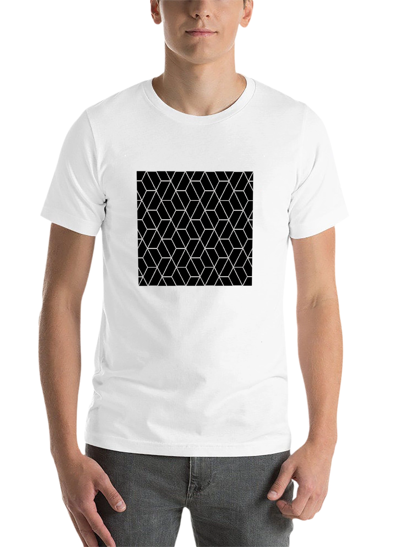 Black Geometric Cube Pattern Black T-Shirt view 14