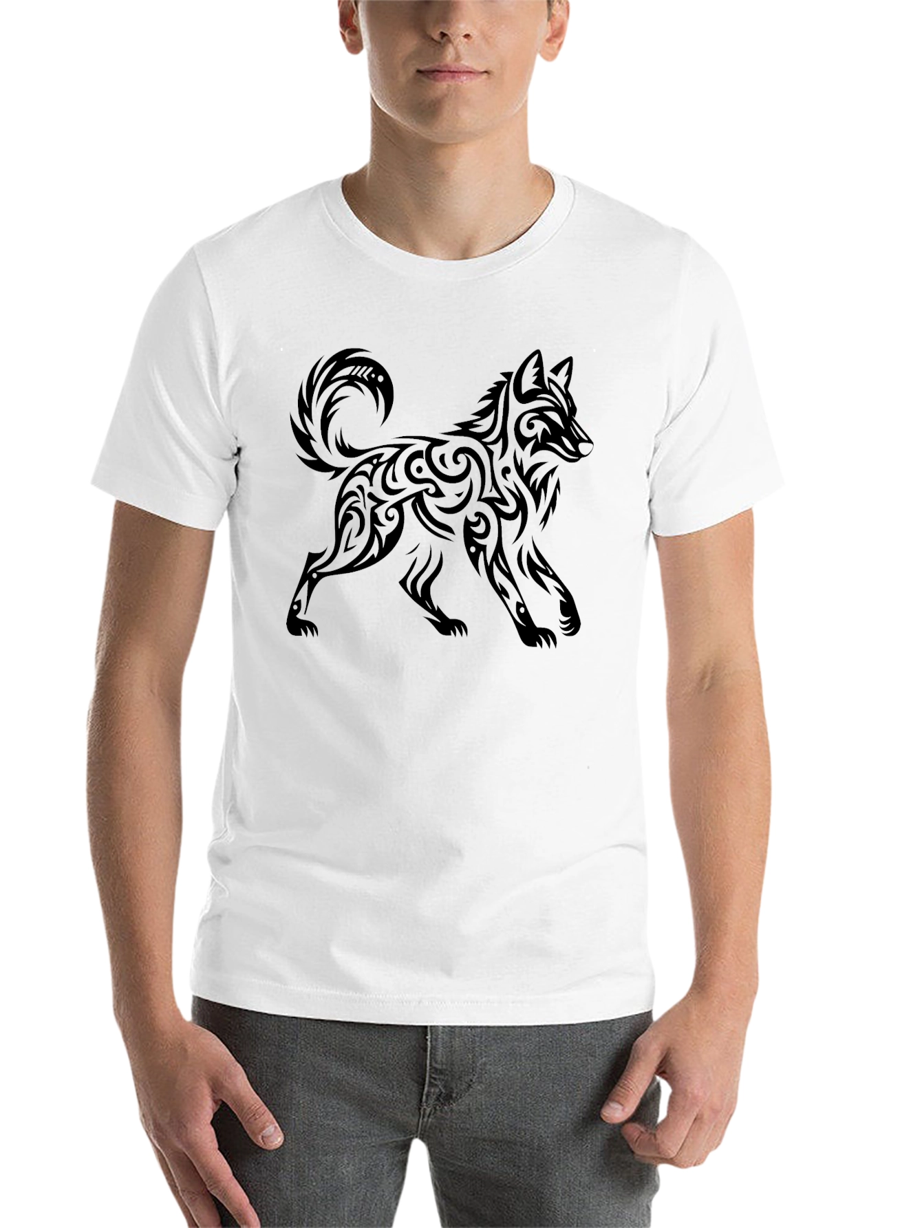Black Tribal Wolf Graphic Black T-Shirt for Men view 14