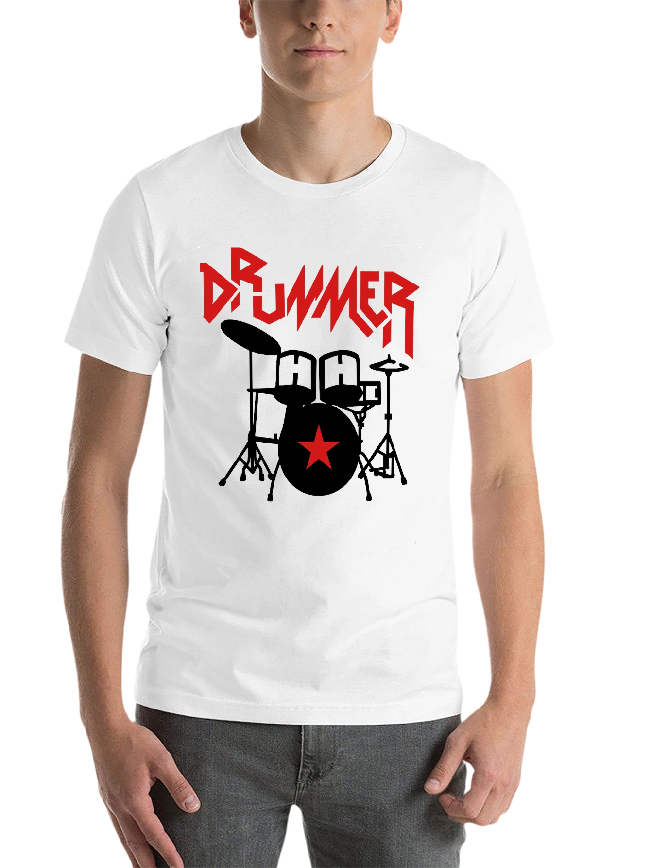 Black Drummer T-Shirt - Black Graphic Tee with Red Star & Drum Set view 14