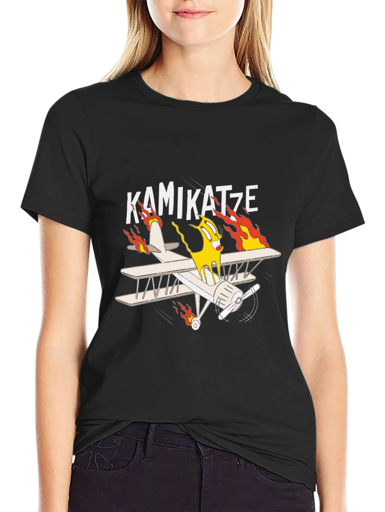 Black Kamikatze Cartoon Plane Graphic T-Shirt view 2