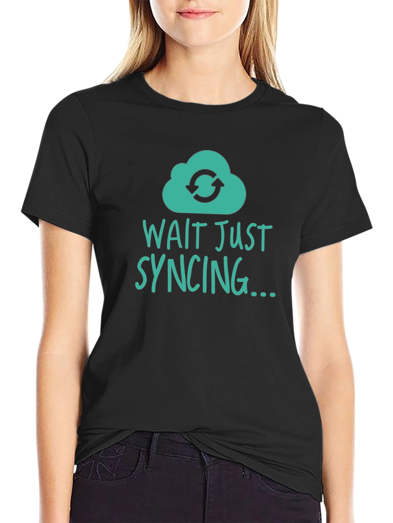 Black Wait Just Syncing T-Shirt - Tech Humor Tee view 2