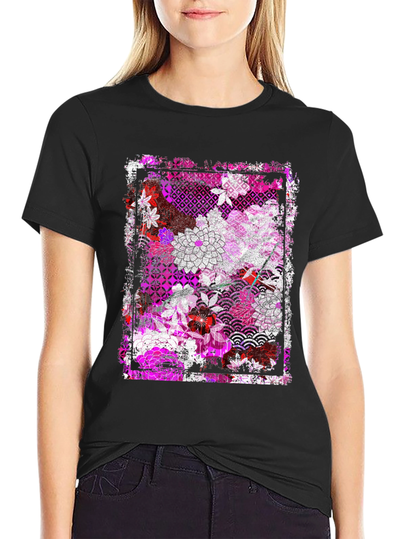 Black Floral Pattern Graphic Tee - Black view 2
