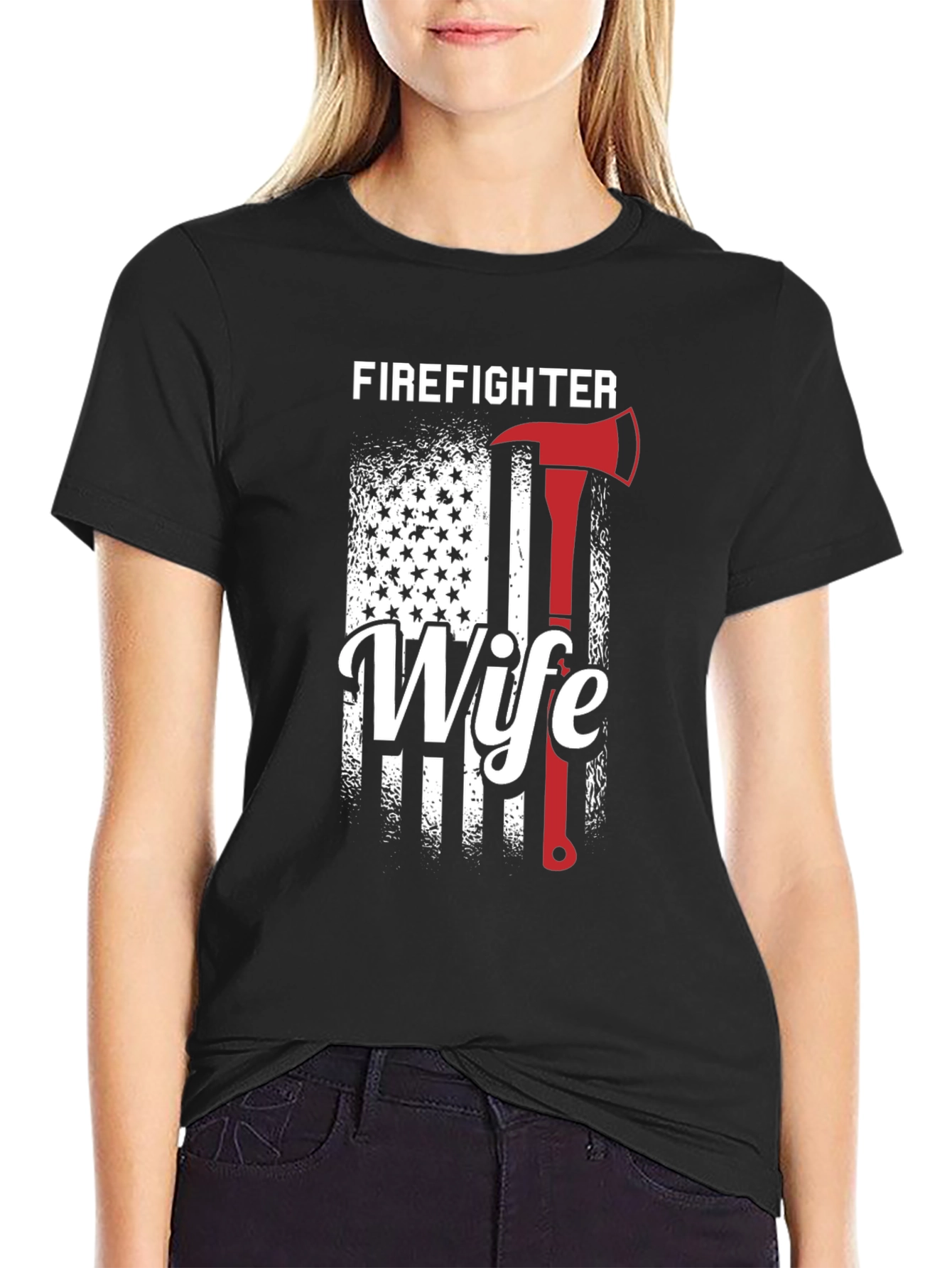 Black Firefighter Wife Graphic Tee - American Flag view 2