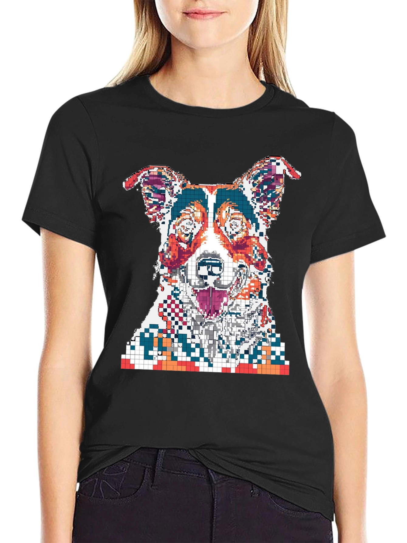 Black Pixelated Dog Graphic Print Black T-Shirt view 2
