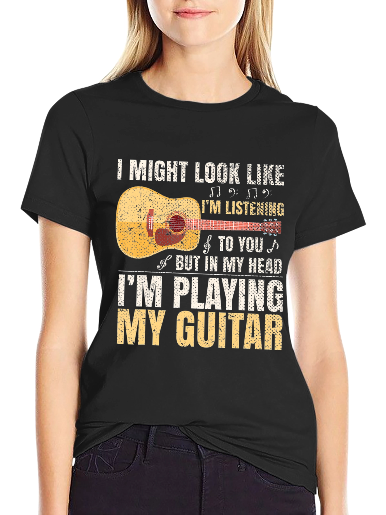Black Guitar Player T-Shirt: Listening With My Head view 2