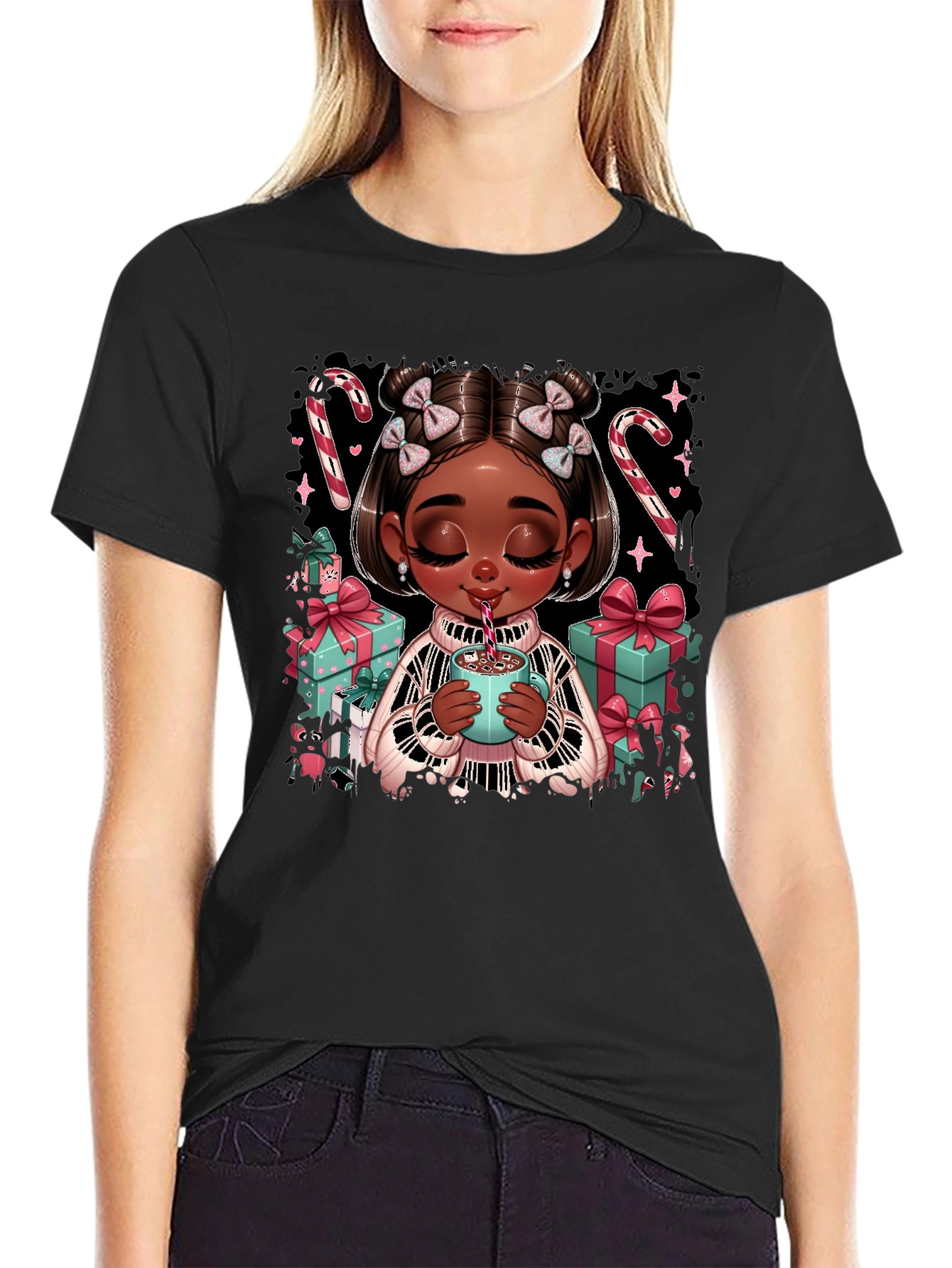 Black Festive Holiday Girl Graphic Tee view 2