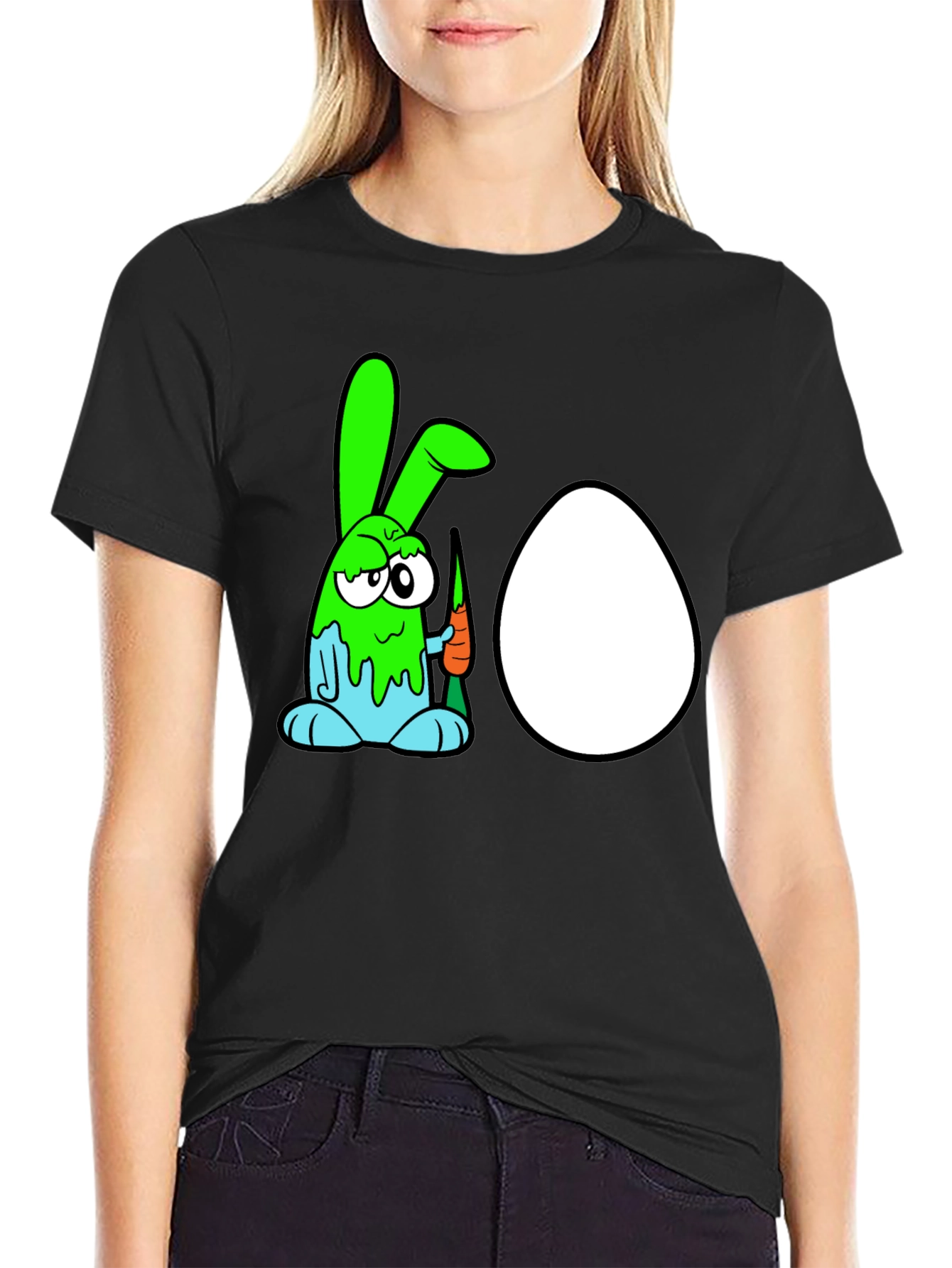 Black Funny Cartoon Bunny & Egg Graphic Black T-Shirt view 2