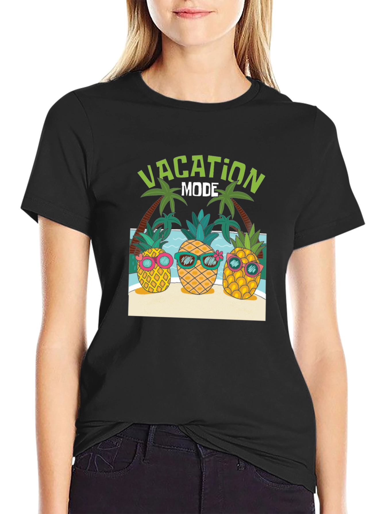 Black Vacation Mode Pineapple Graphic Tee view 2