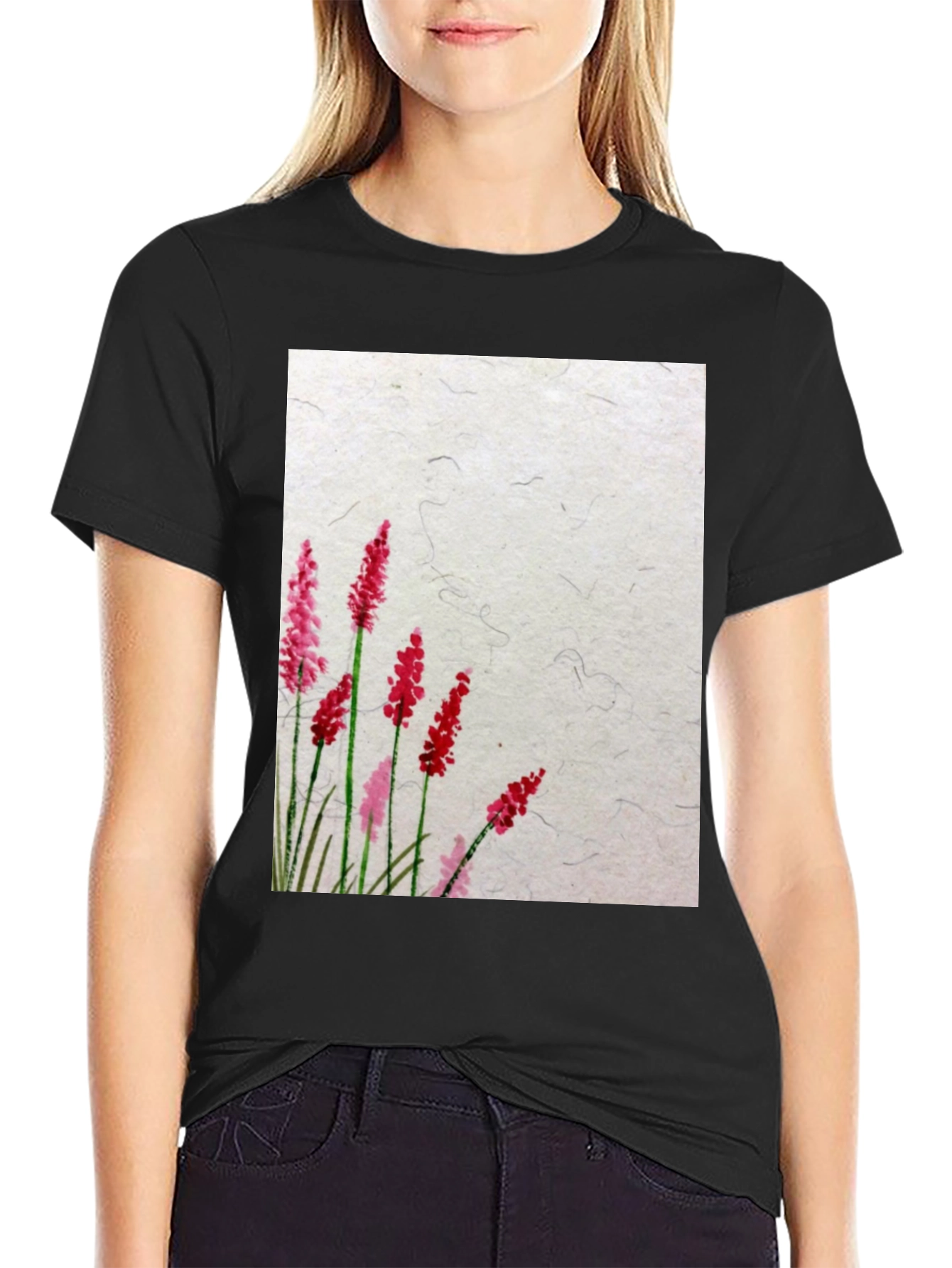 Black Floral Print Crew Neck T-Shirt view 2