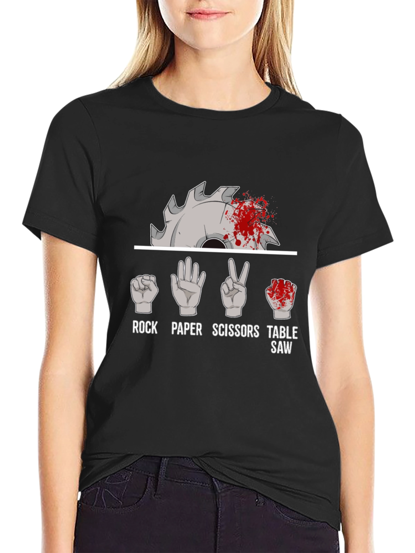 Black Rock Paper Scissors Table Saw Funny T-Shirt view 2