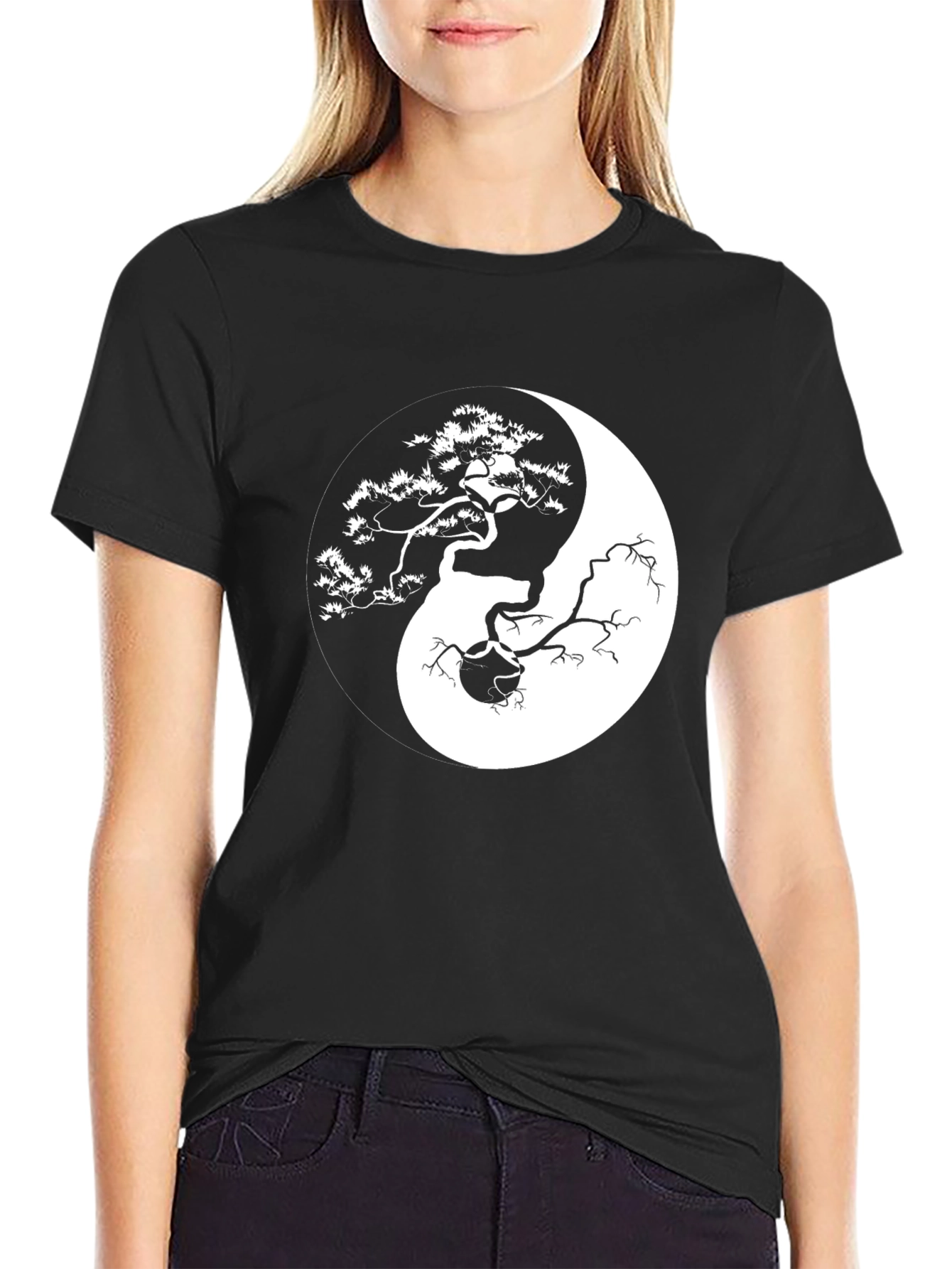 Black Yin Yang Bonsai Tree Graphic T-Shirt view 2