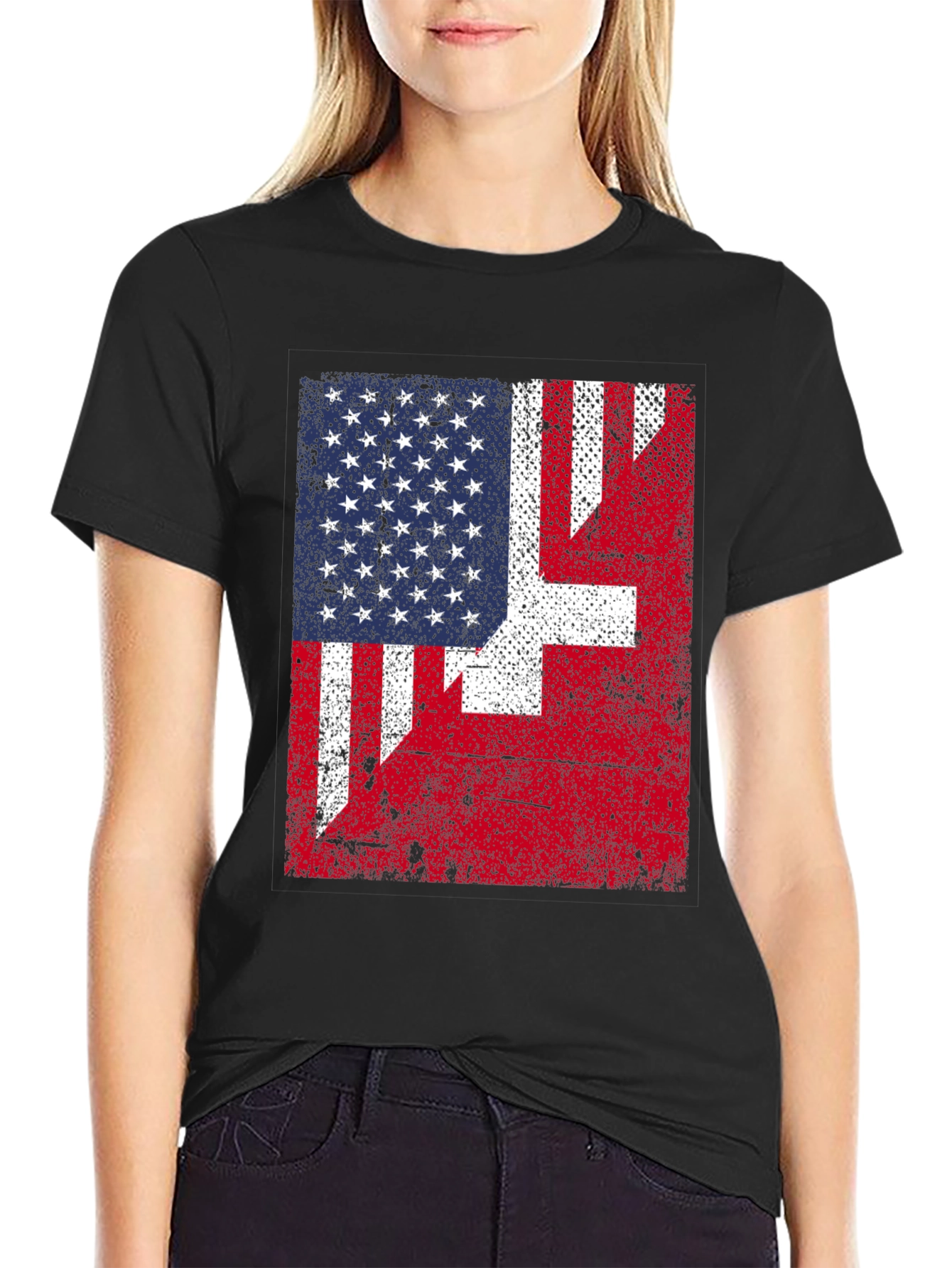 Black US & Swiss Flag Graphic T-Shirt view 2