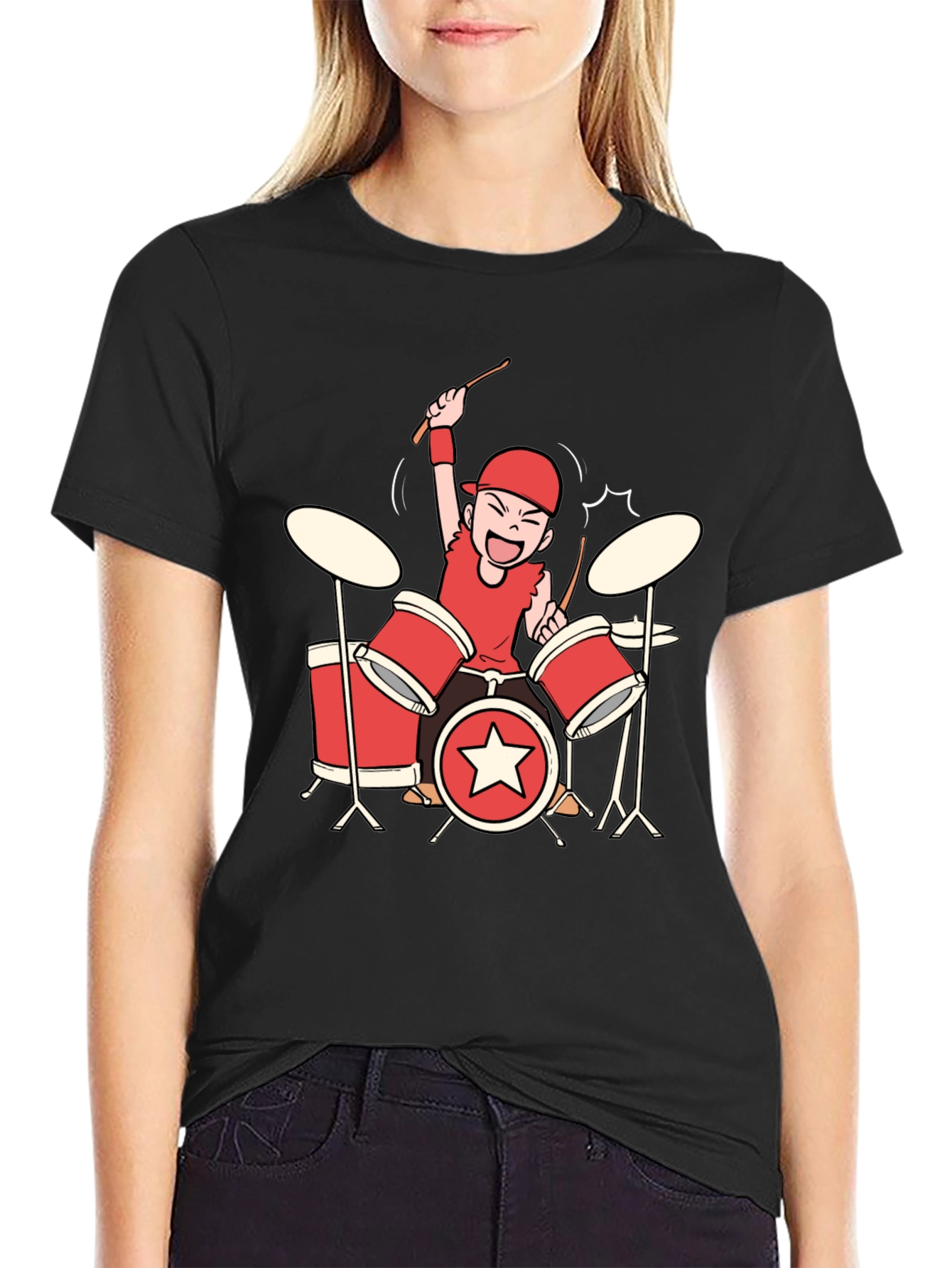 Black Cartoon Drummer Graphic Tee - Black view 2