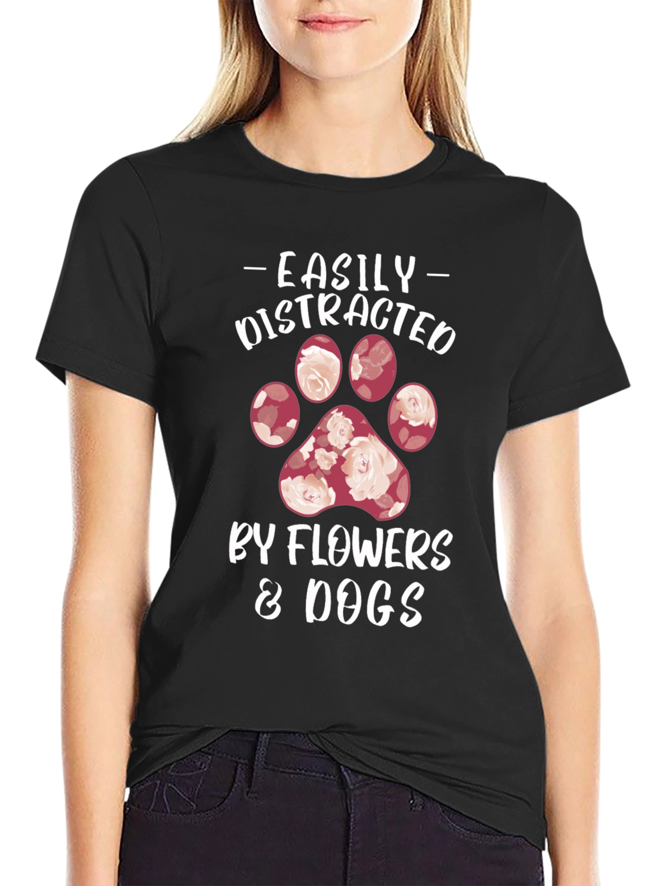 Black Easily Distracted by Flowers & Dogs T-Shirt view 2