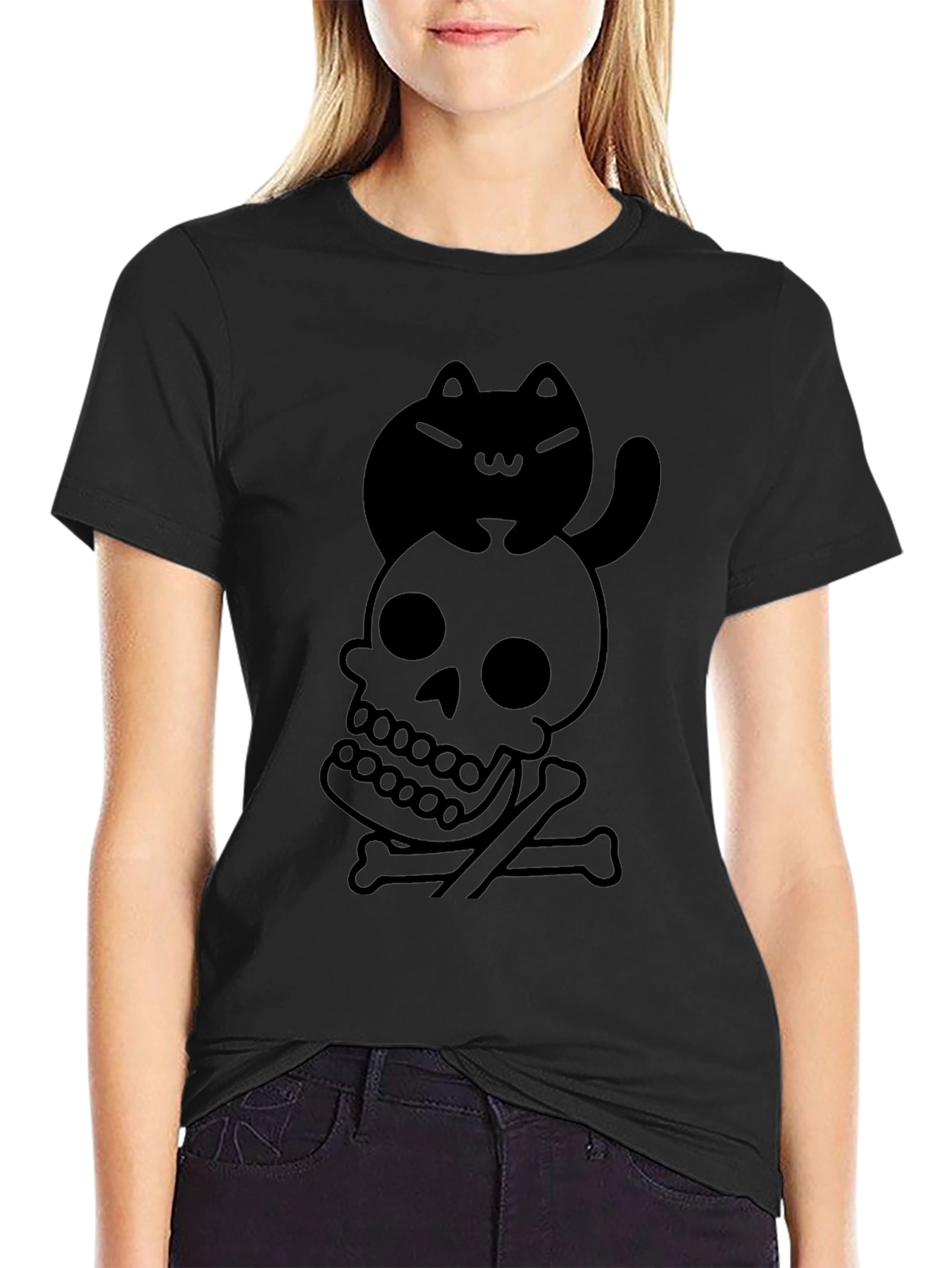 Black Skull and Cat Graphic Tee - Unisex Black T-Shirt view 2