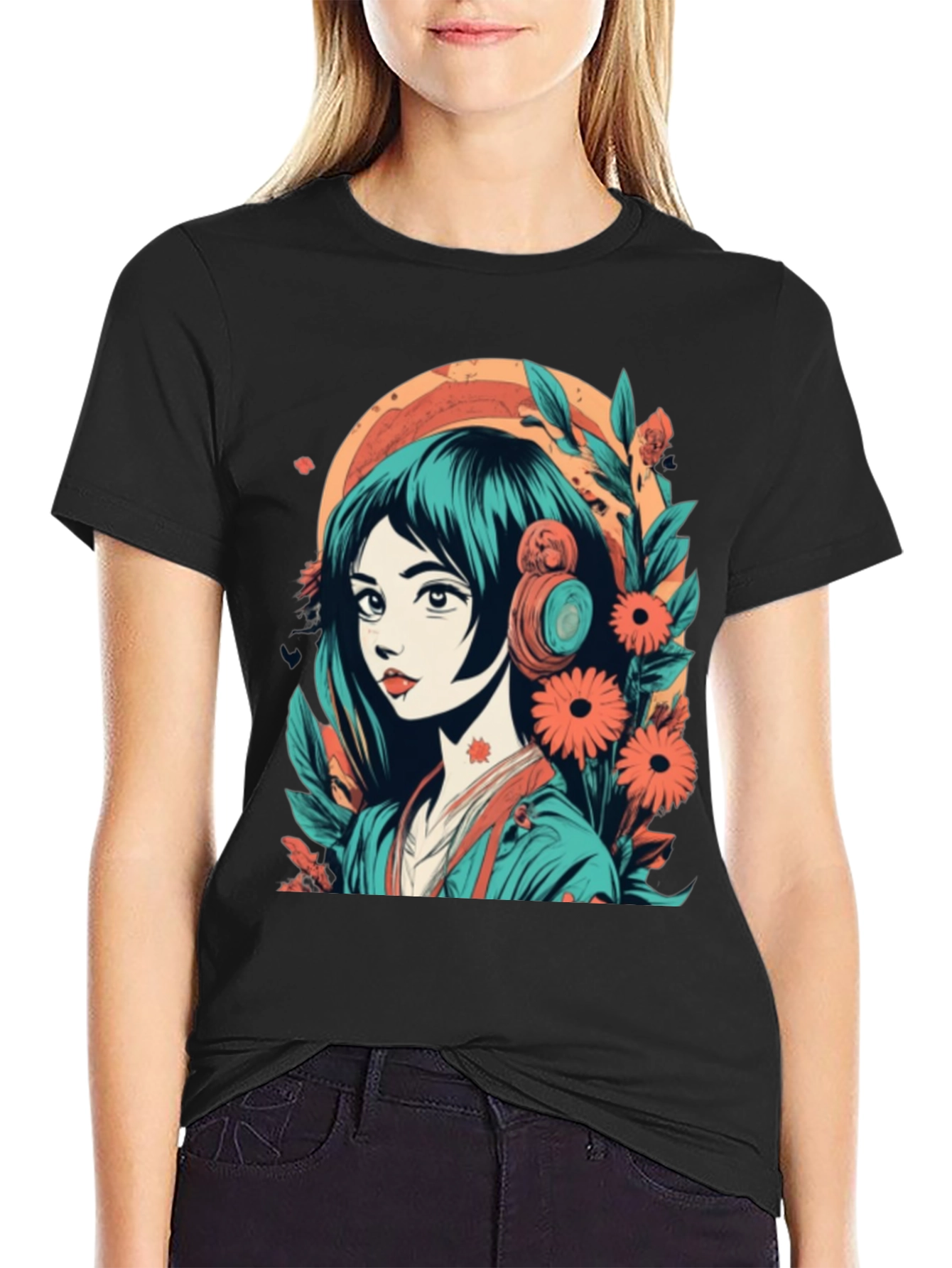 Black Anime Girl Graphic Tee - Floral & Headphones Design view 2