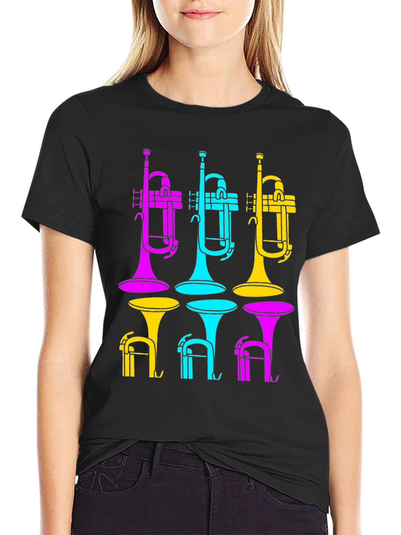 Black Vibrant Trumpet Design Black T-Shirt view 2