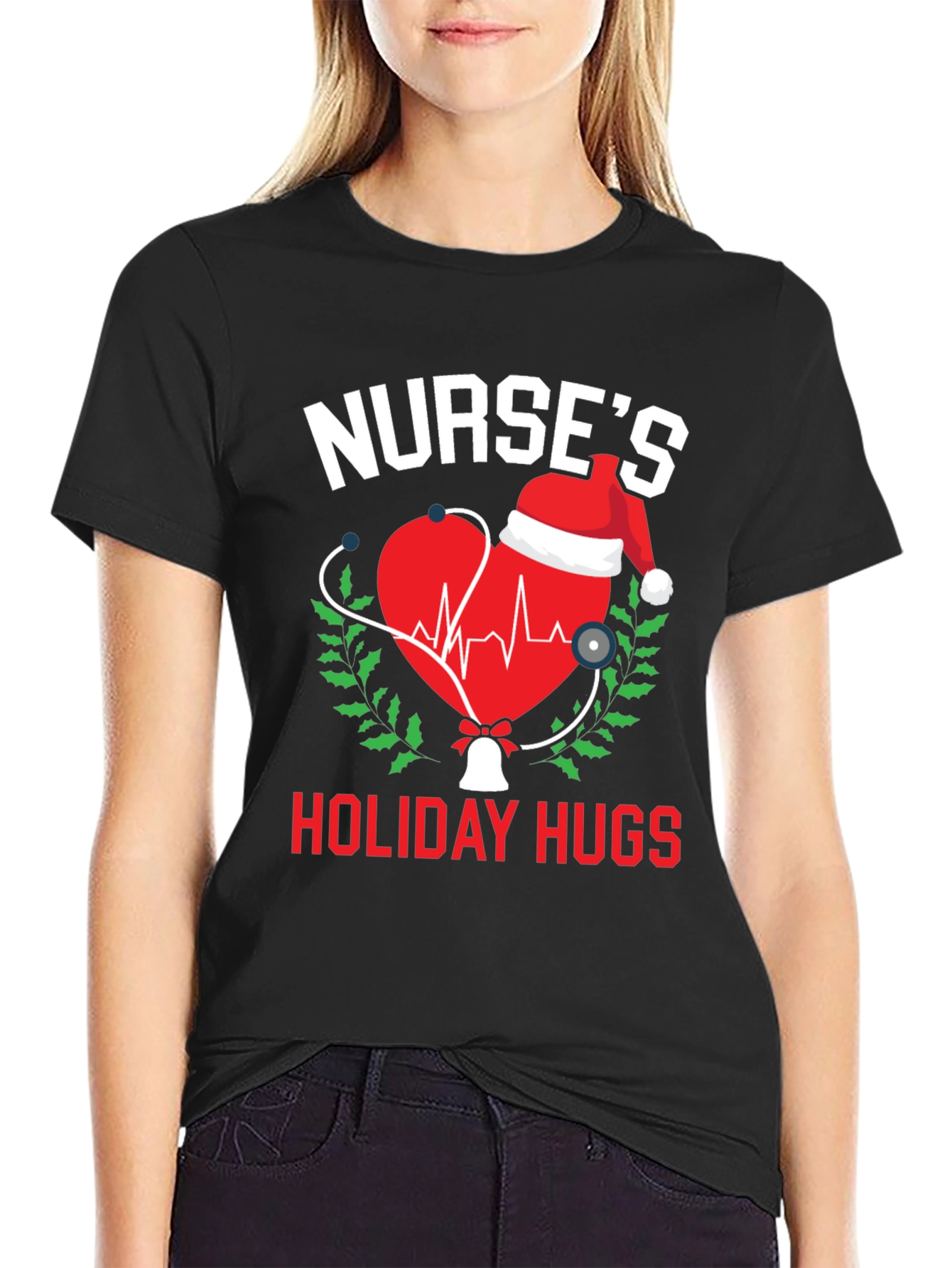 Black Nurse's Holiday Hugs Christmas T-Shirt view 2