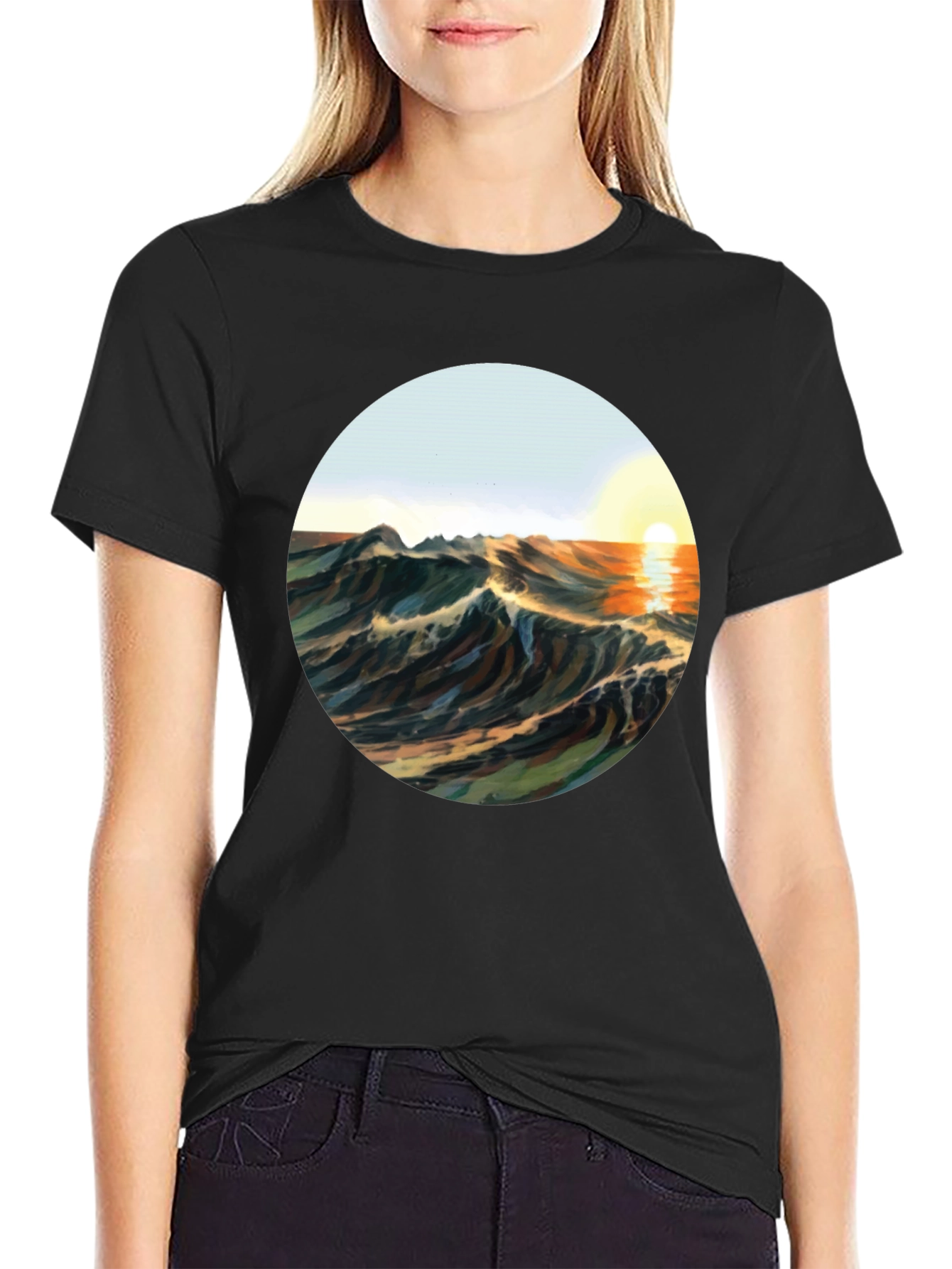 Black Sunrise Waves Graphic Tee - Black Cotton Blend view 2