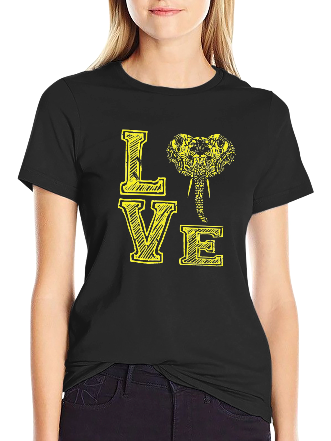 Black Love Elephant Graphic Tee - Black Cotton T-Shirt view 2