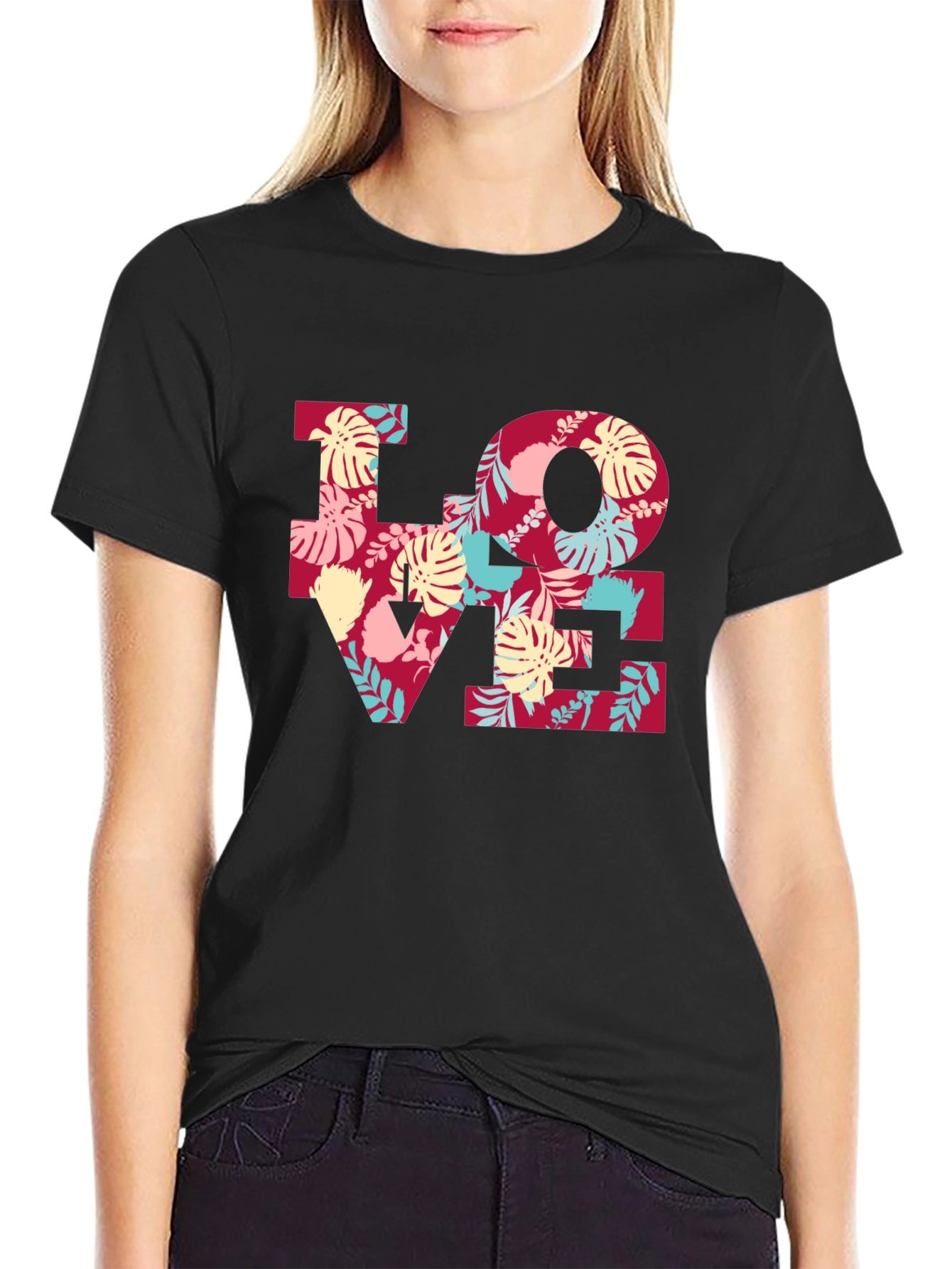 Black Floral LOVE Graphic Tee - Black Casual T-Shirt view 2