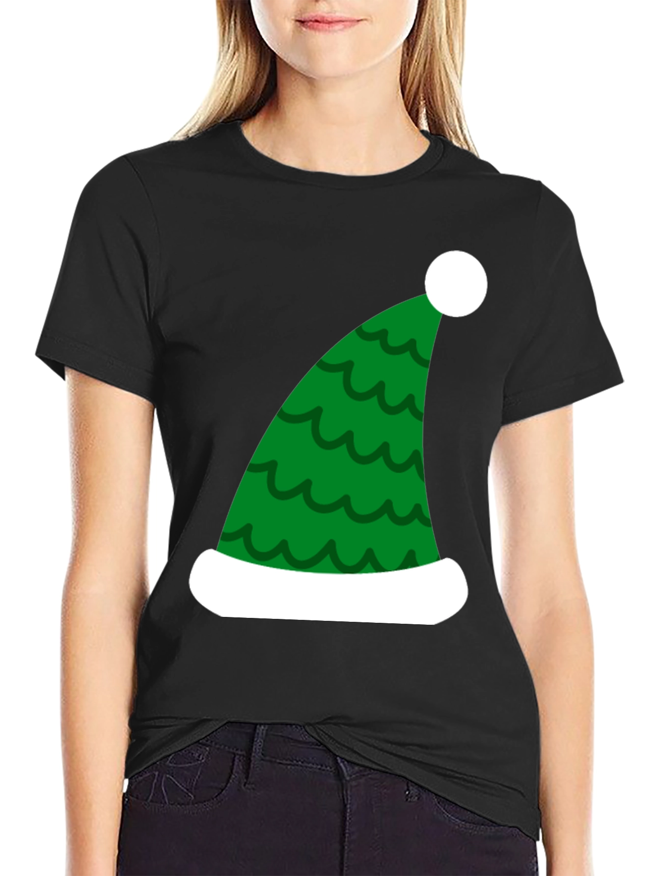 Black Festive Christmas Elf Hat T-Shirt view 2