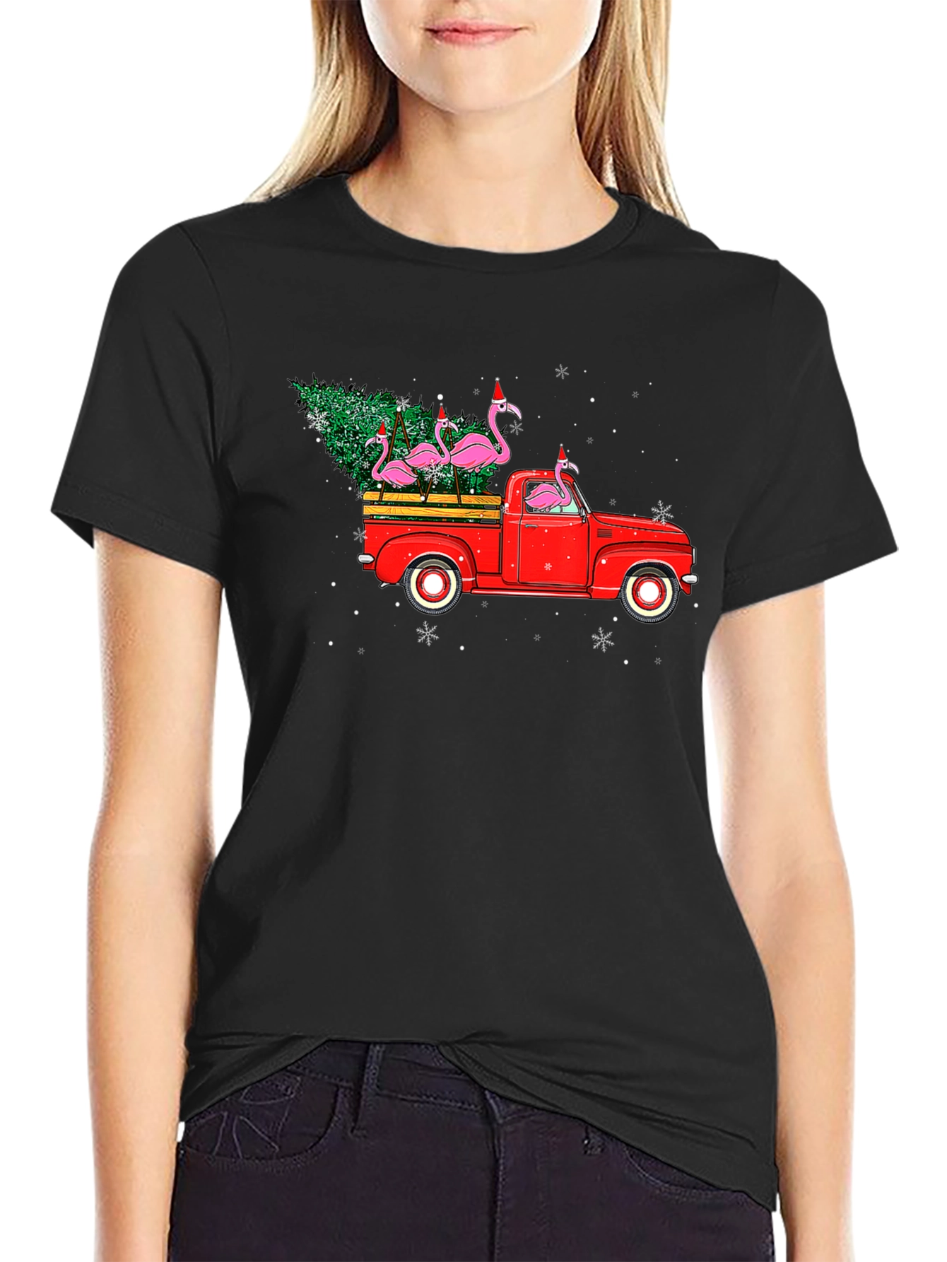Black Flamingo Christmas Truck T-Shirt view 2