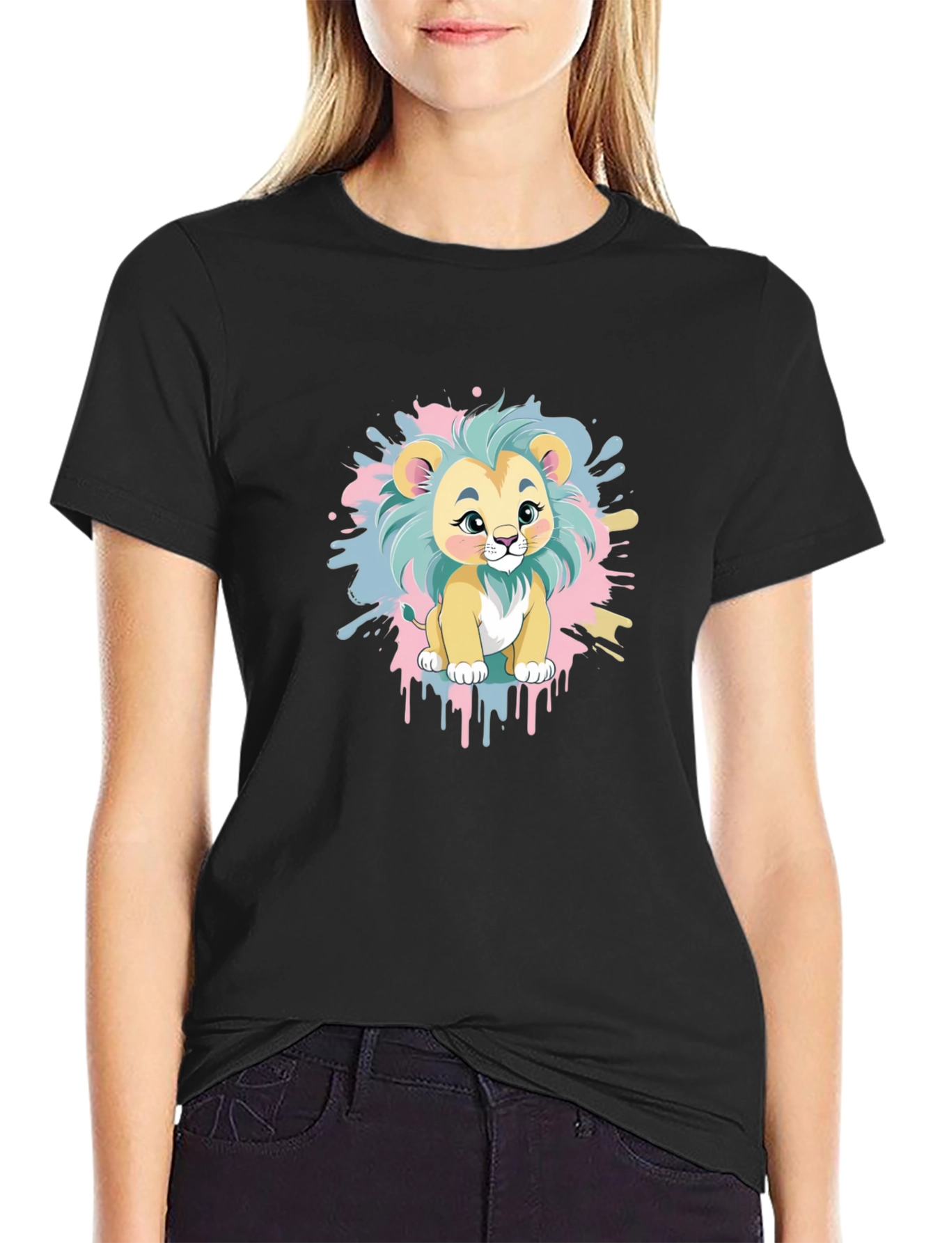 Black Cute Cartoon Lion Graphic Tee - Black Cotton Blend view 2