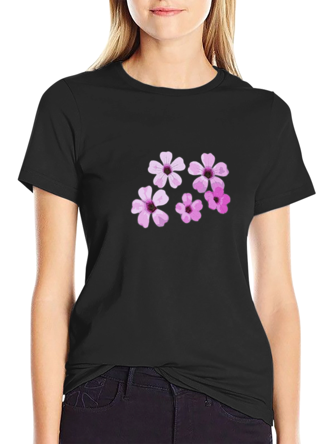 Black Floral Print Crew Neck T-Shirt view 2