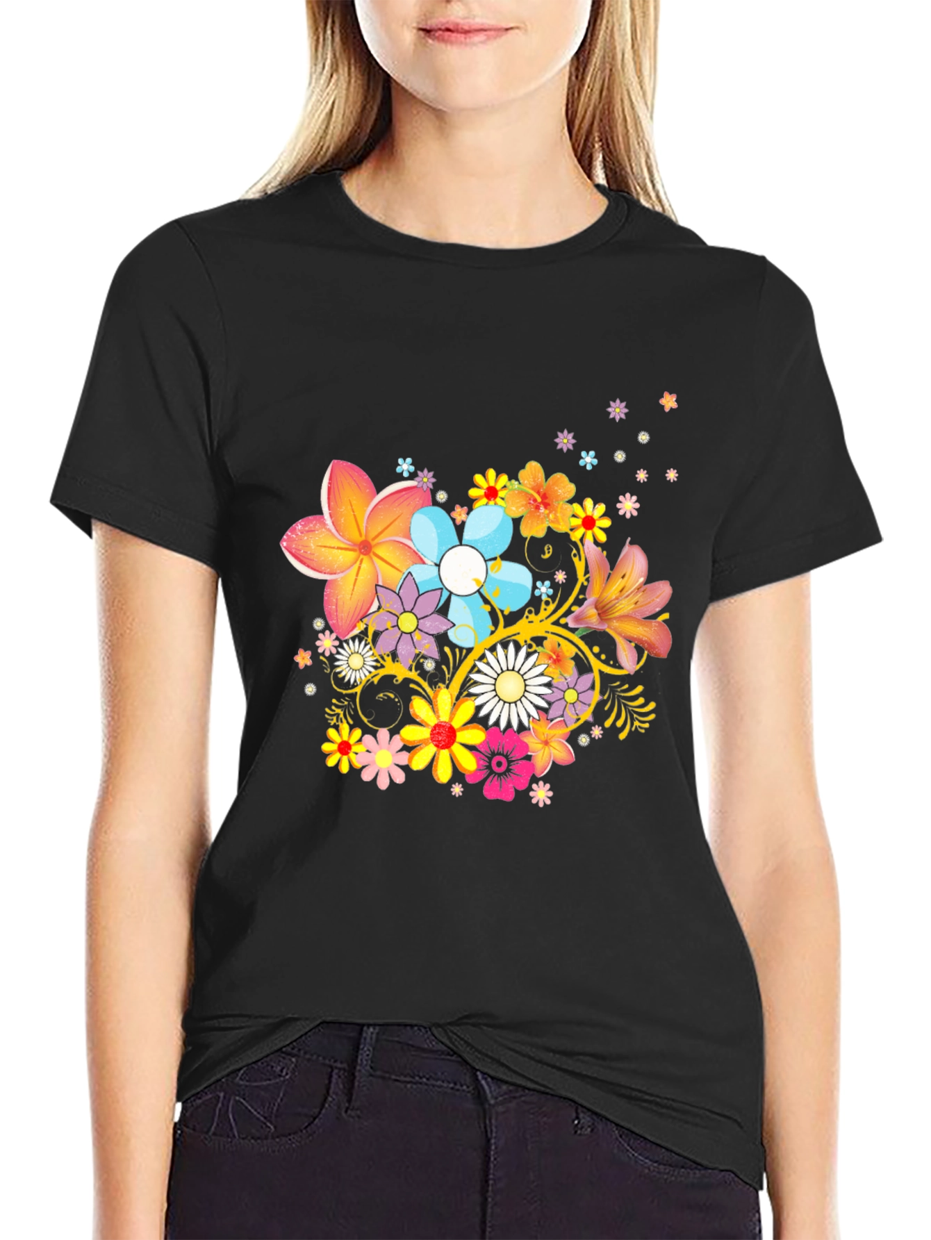 Black Floral Print Black T-Shirt view 2