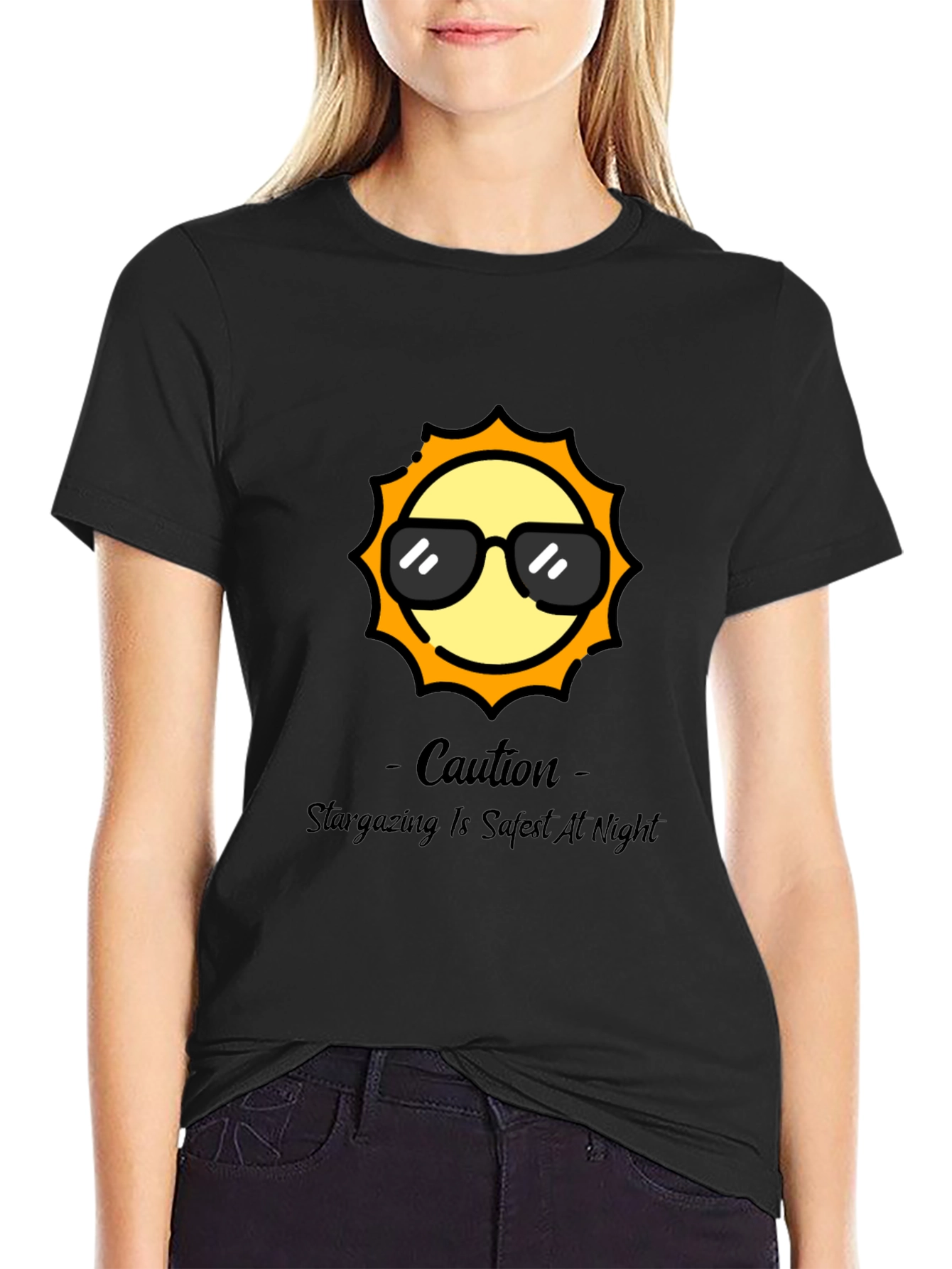 Black Cool Sun Graphic Tee - Stargazing Caution T-Shirt view 2