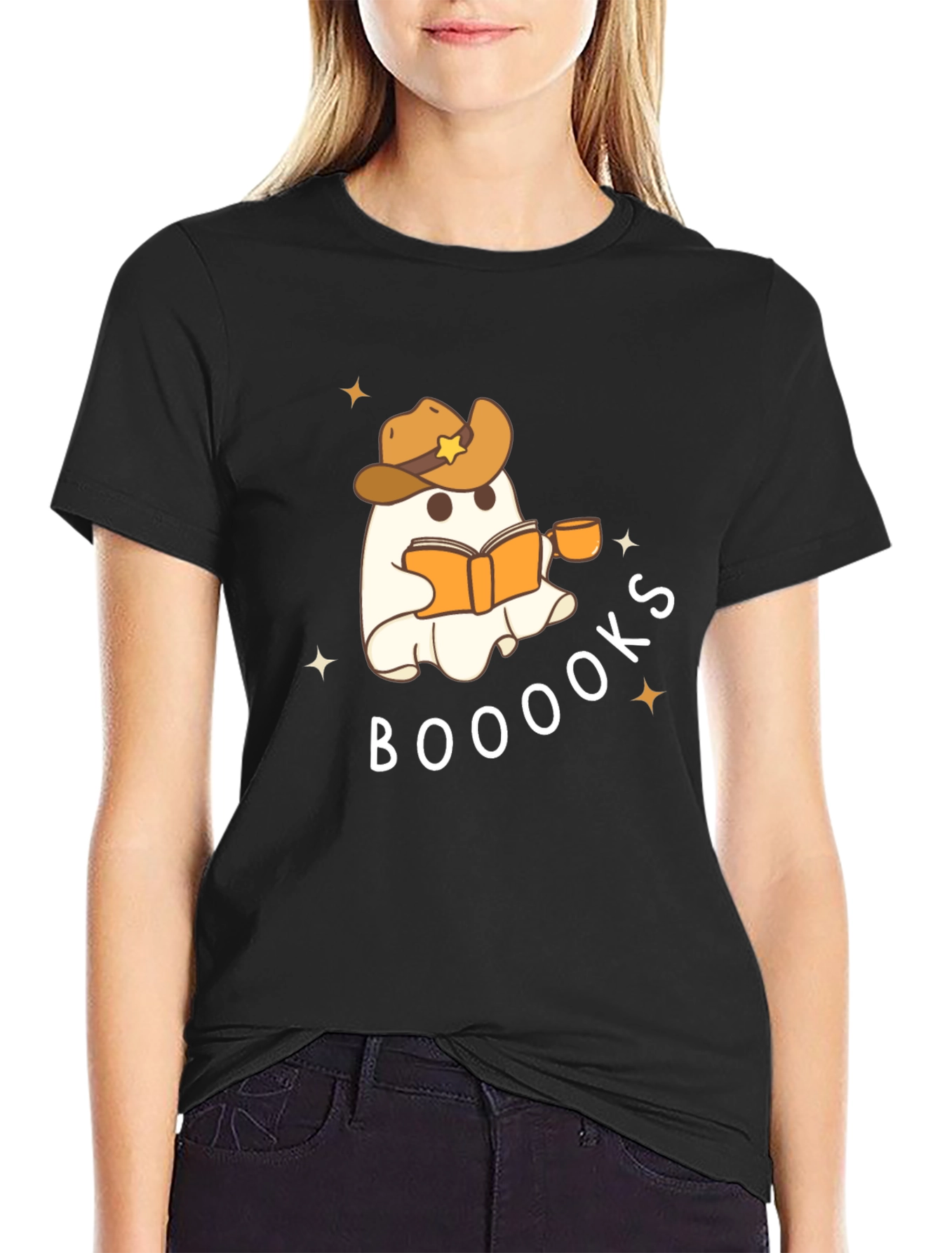 Black Booooks Ghost Reading Cowboy Hat T-Shirt view 2