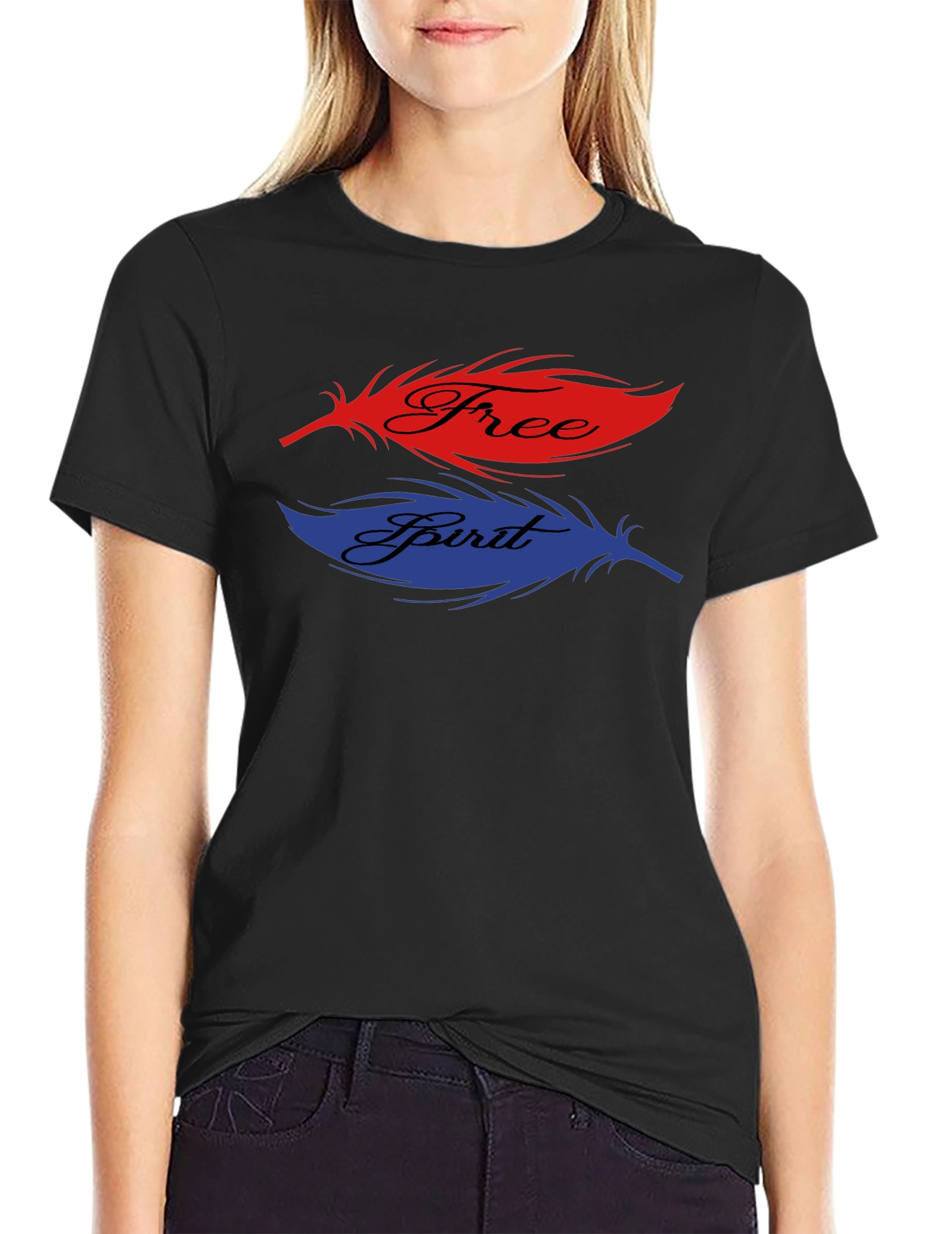 Black Free Spirit Feather Graphic T-Shirt view 2