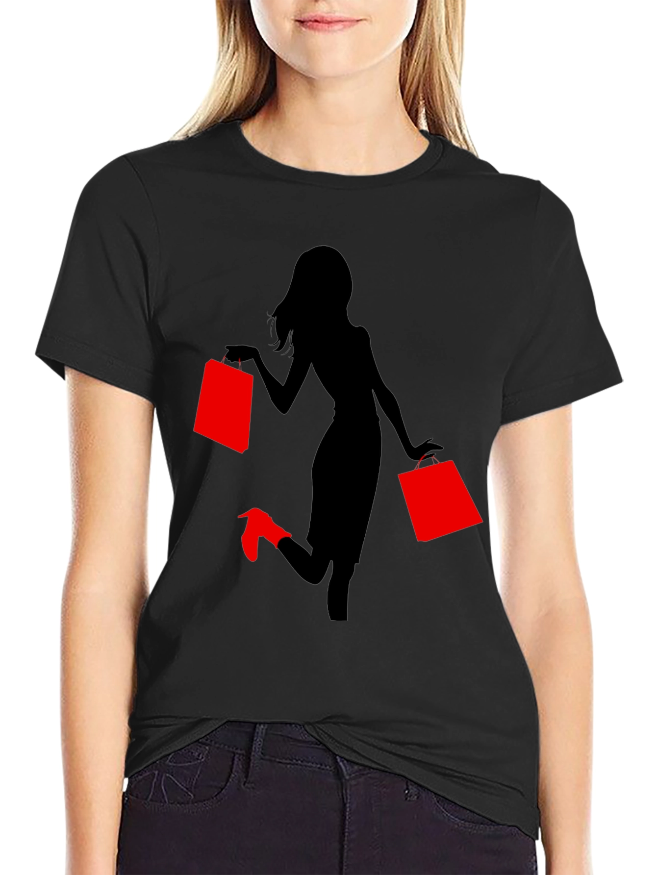 Black Stylish Woman Shopping Graphic Tee - Black view 2
