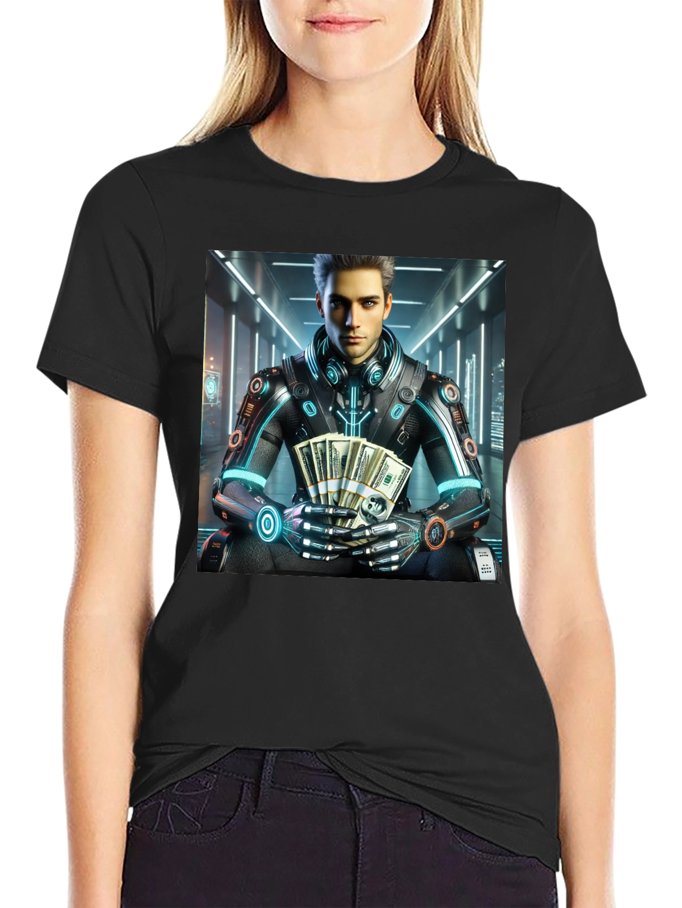 Black Cyberpunk Rich Guy T-Shirt - Futuristic Style view 2
