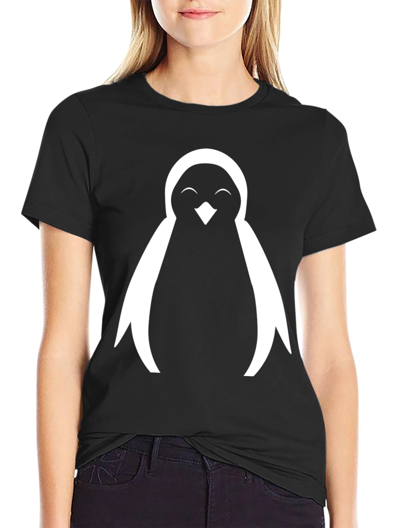 Black Cute Penguin Graphic Tee - Black Cotton Blend view 2