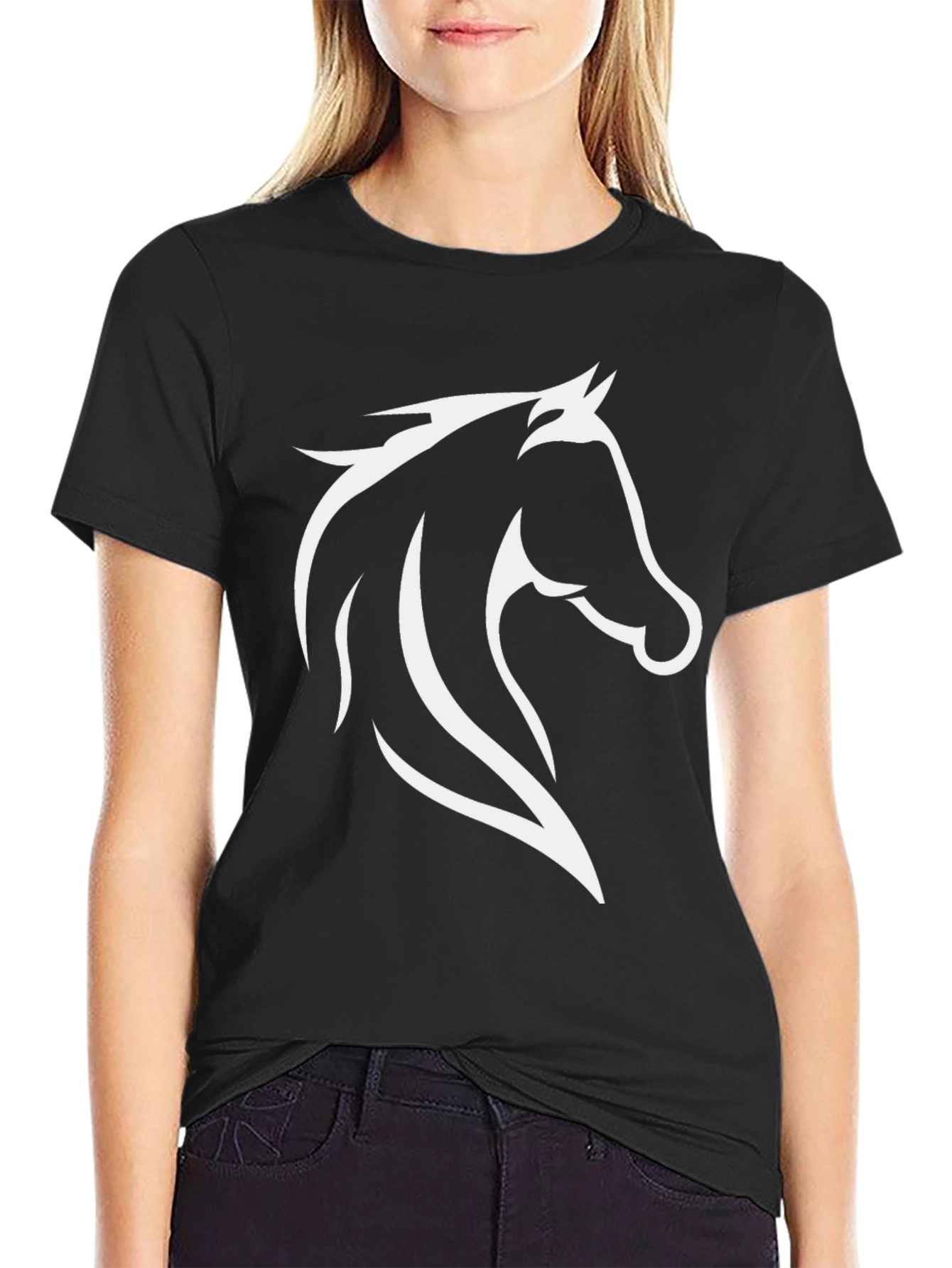 Black Black T-Shirt with White Horse Graphic view 2