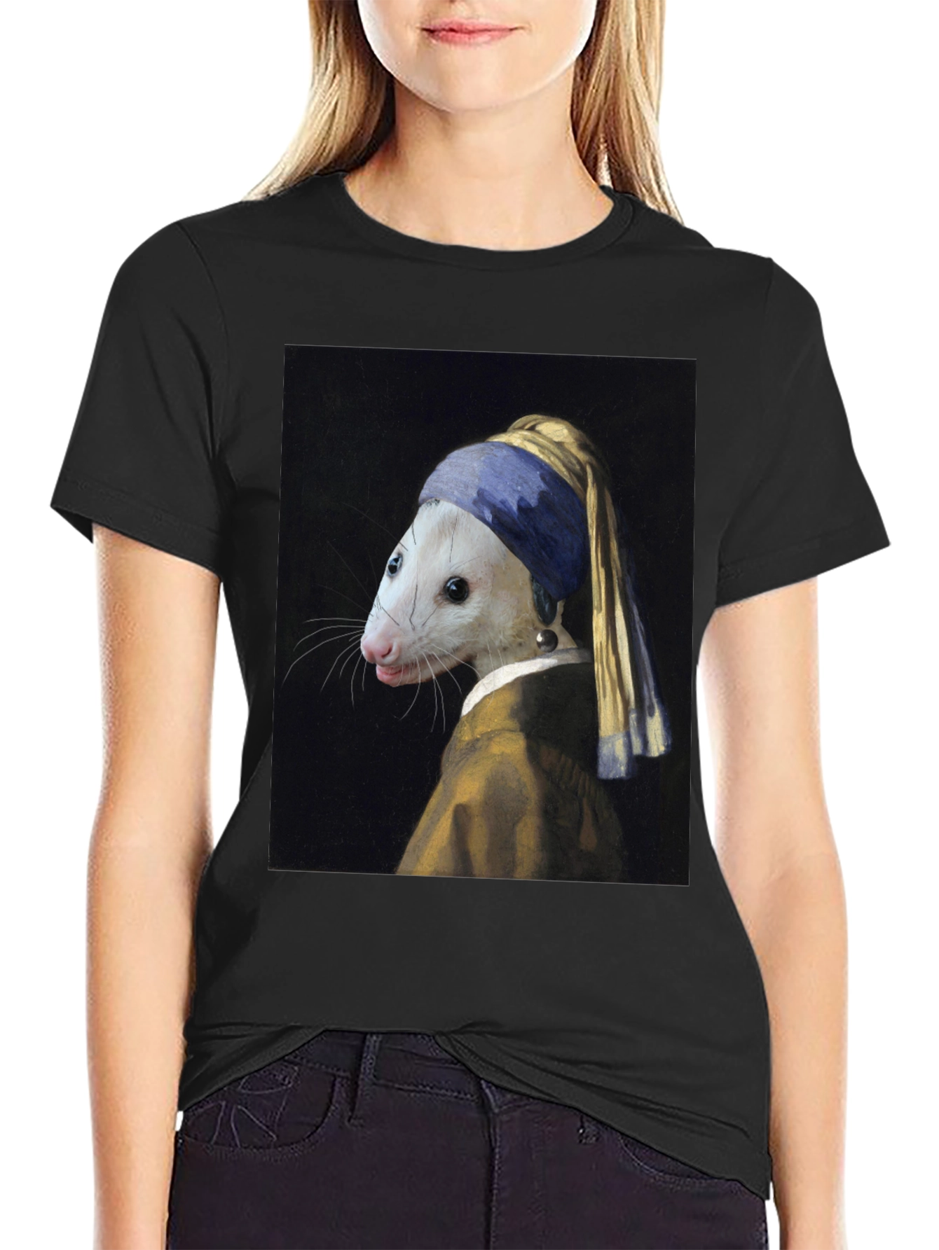 Black Opossum with Pearl Earring T-Shirt - Funny Art Tee view 2