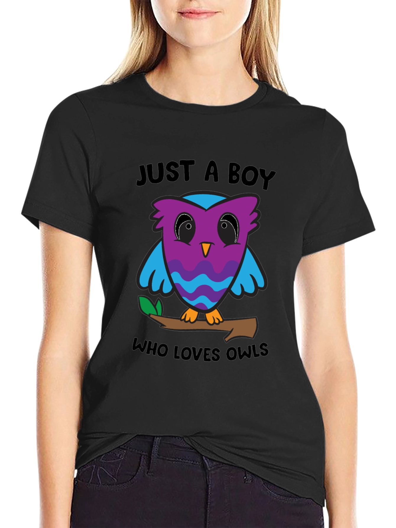 Black Just A Boy Who Loves Owls Graphic T-Shirt view 2